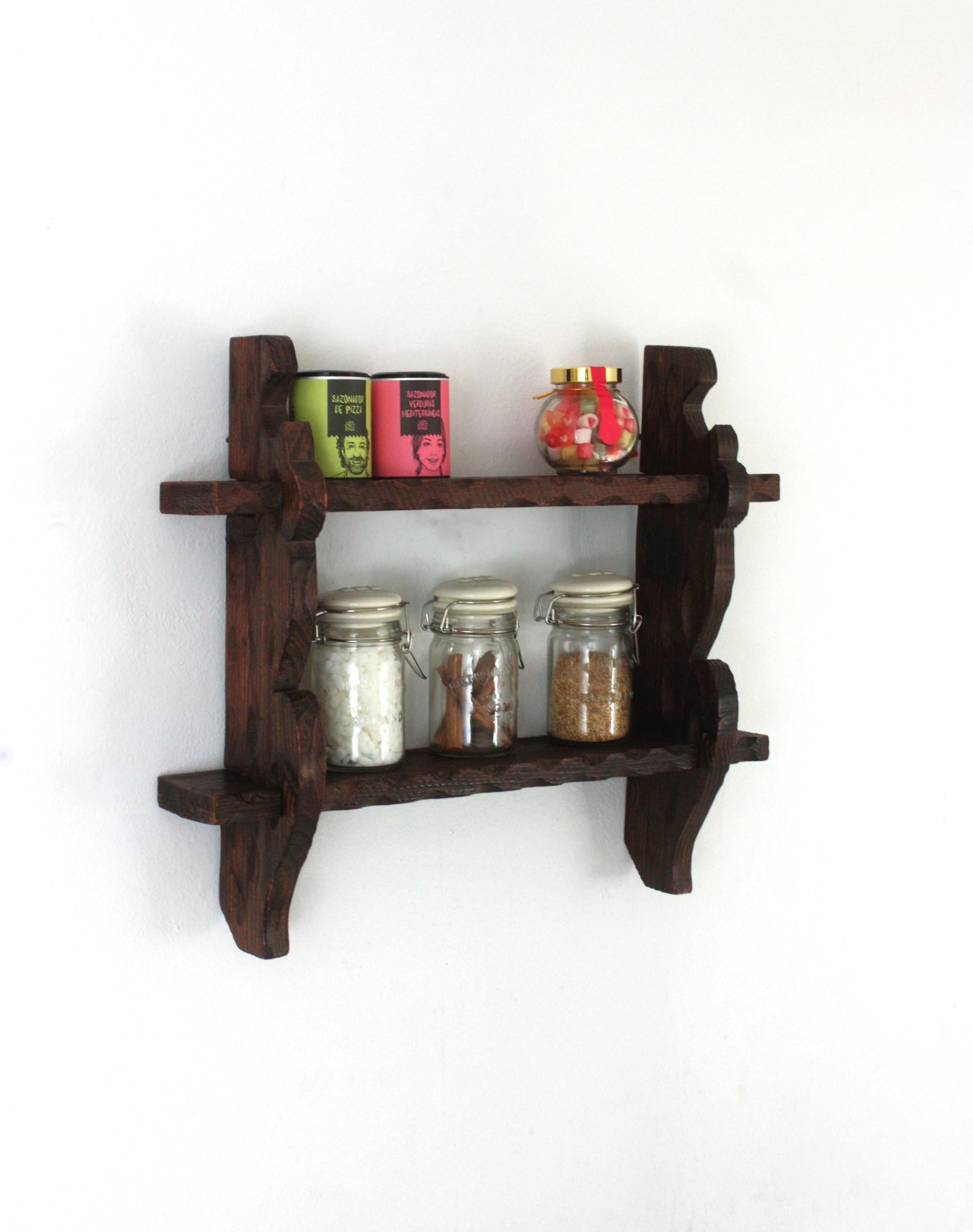20th Century Spanish Colonial Wood Wall Shelf Spice Rack, 1940s For Sale