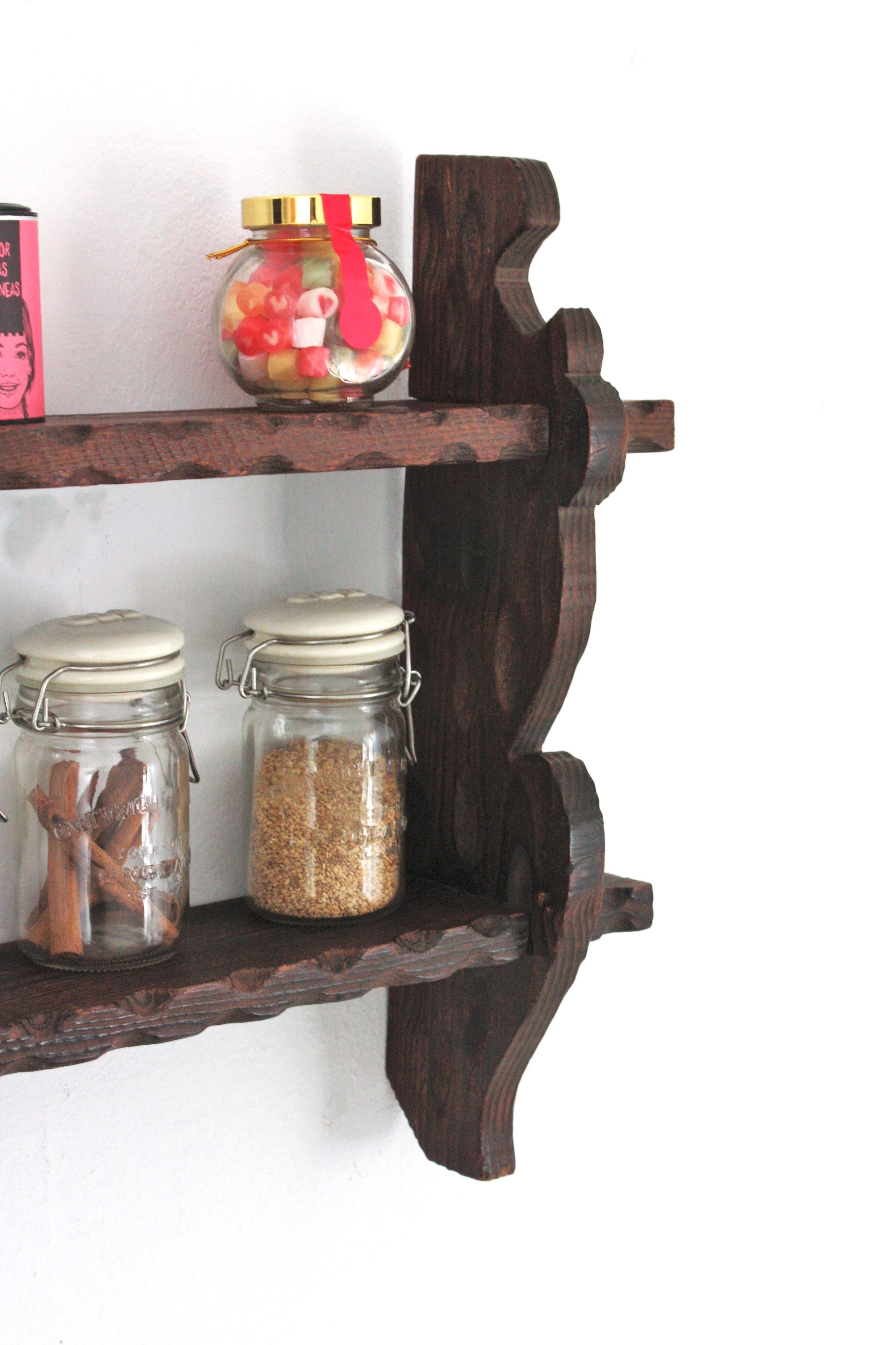 Spanish Colonial Wood Wall Shelf Spice Rack, 1940s For Sale 1