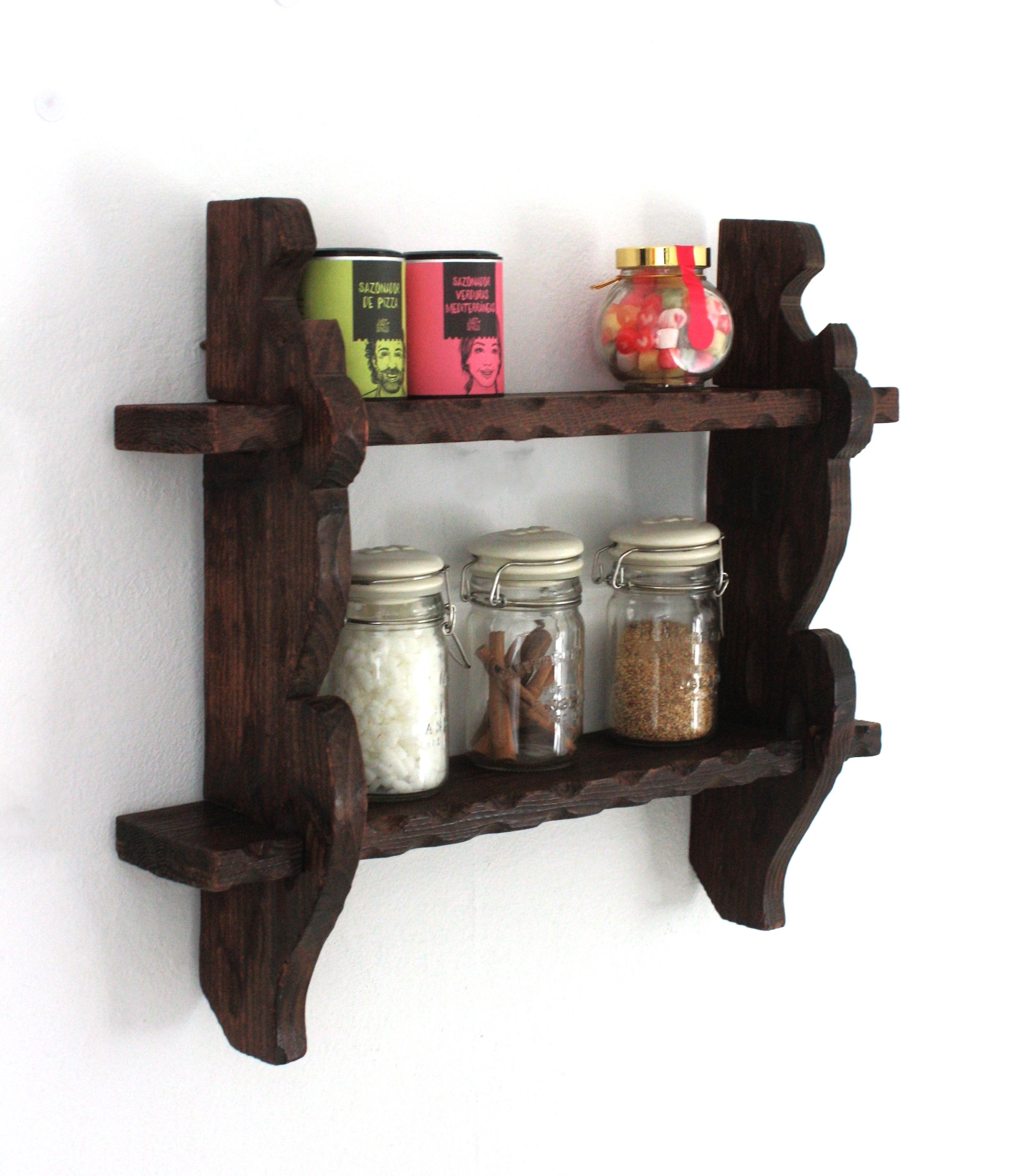 Spanish Colonial Wood Wall Shelf Spice Rack, 1940s For Sale at 1stDibs
