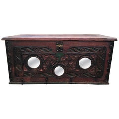 Antique Spanish Colonial Wooden Carved, Paint decorated Valuables Box, circa 1780