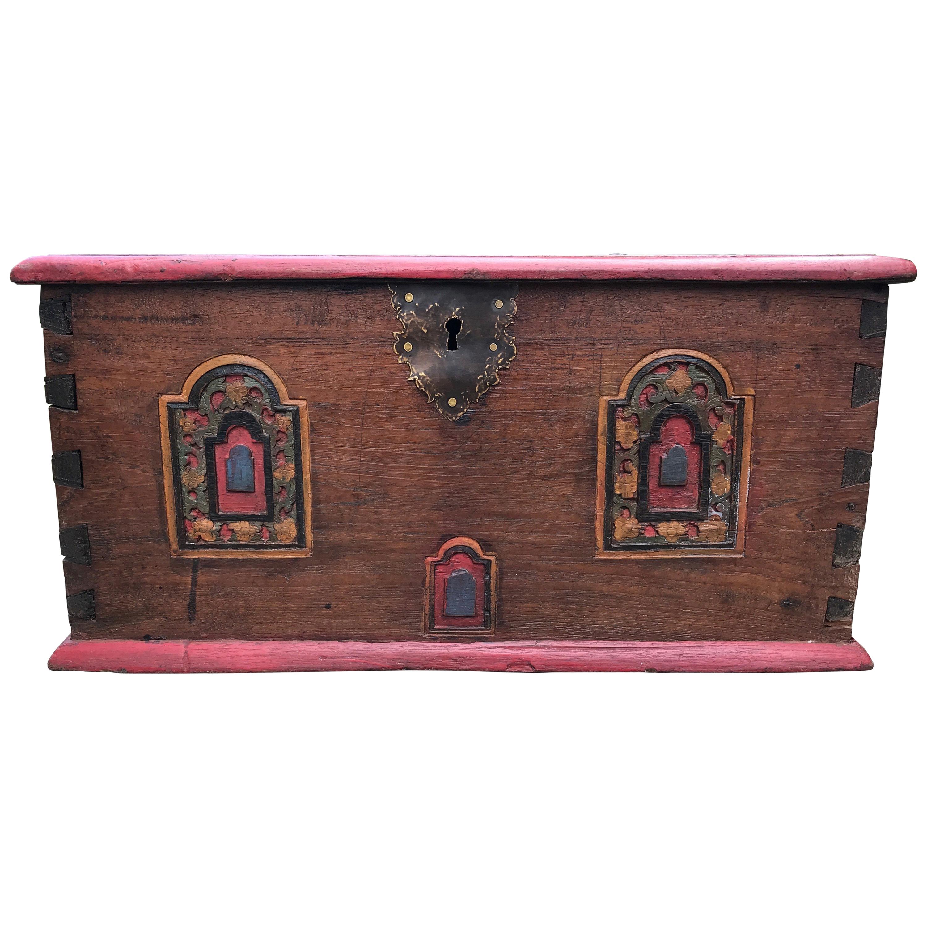 Spanish Colonial Wooden Carved, Paint decorated Valuables Box, circa 1780 For Sale