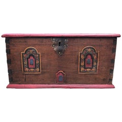 Spanish Colonial Wooden Carved, Paint decorated Valuables Box, circa 1780