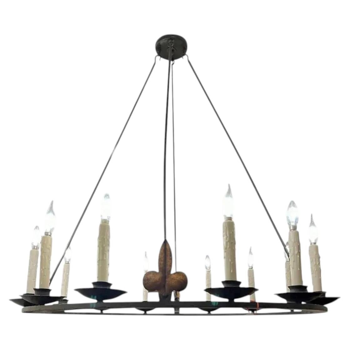 Spanish Colonial Wrought Iron 12 Lite Chandelier by Randy Esada for Prospr For Sale