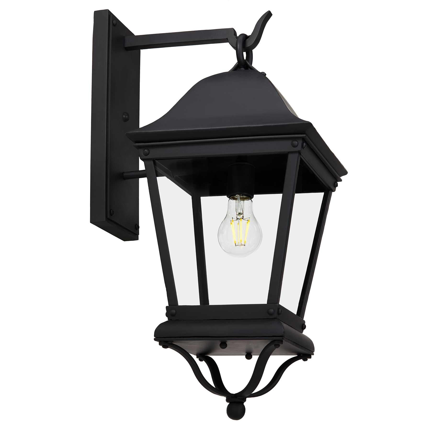 Forged Modern Spanish Colonial Style Wrought Iron Exterior Lantern with bell-curved lid For Sale