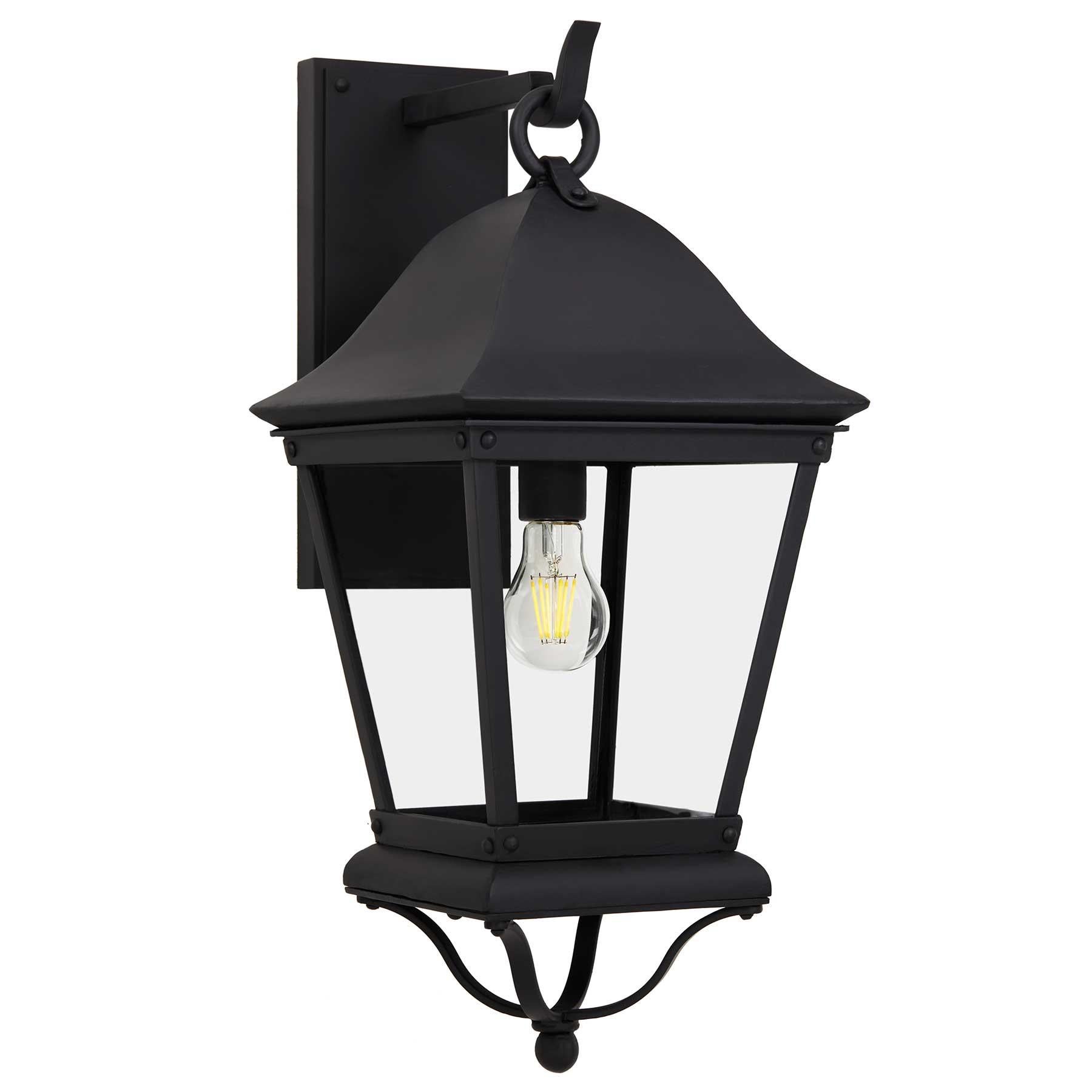 This classic lantern features a tapered profile, bell-curved lid, and an elemental aesthetic. Open glass panels and rivet detailing lend a modern twist to a classic lantern style. Suitable for an array of settings.

Backplate Dimensions (inches): 5W