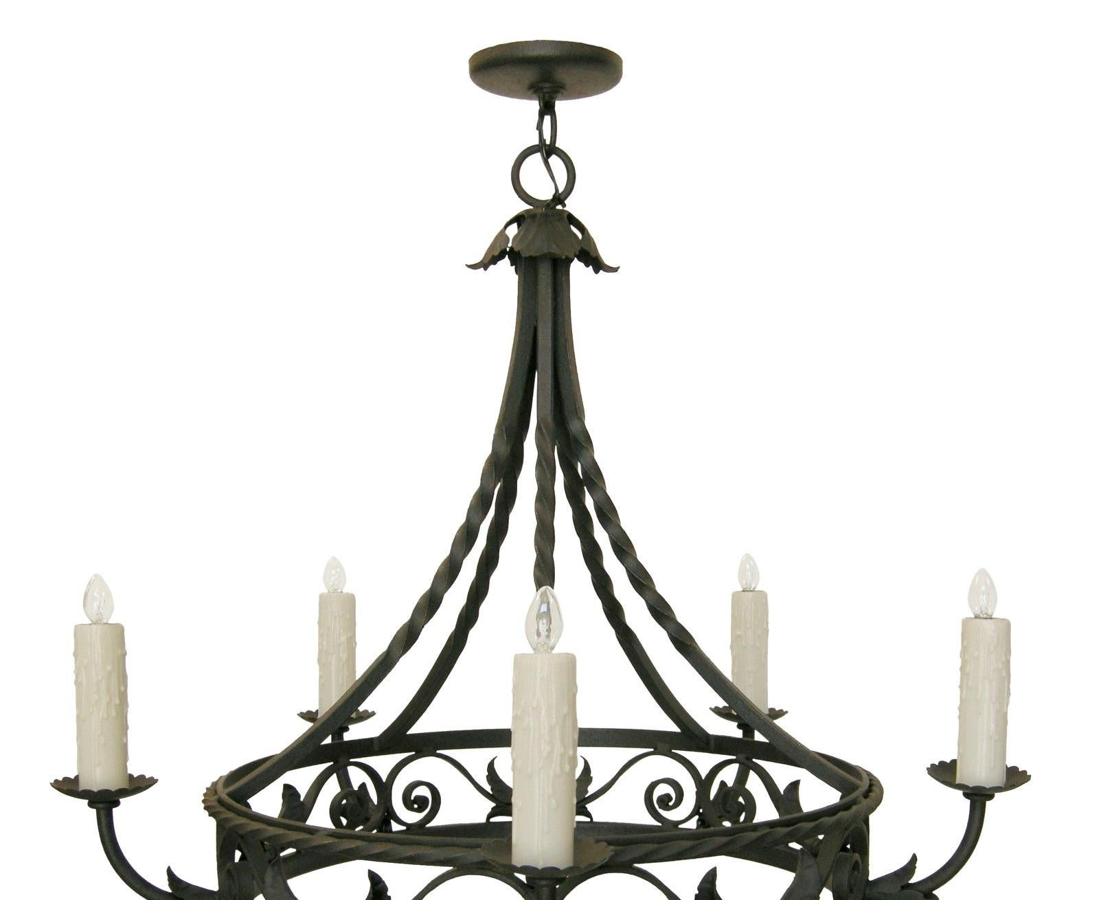 North American Spanish Colonial Wrought Iron Five-Light Chandelier by Randy Esada