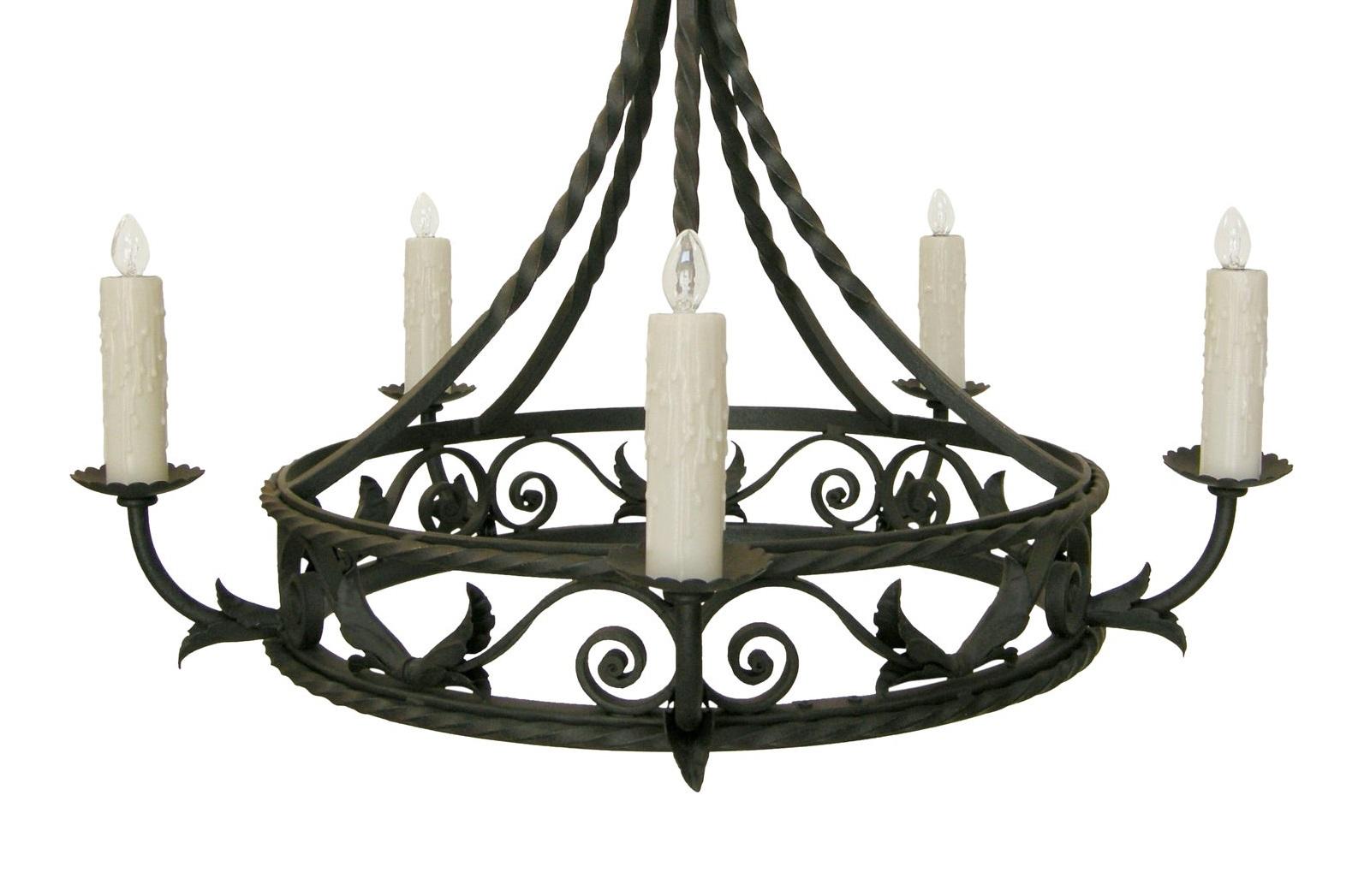 Spanish Colonial Wrought Iron Five-Light Chandelier by Randy Esada In Good Condition In LOS ANGELES, CA