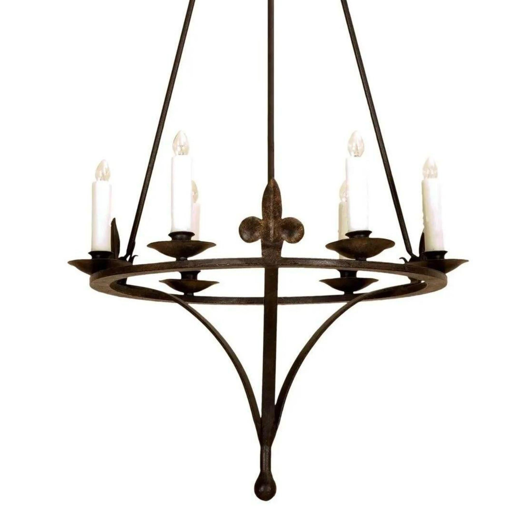 Rustic Spanish Colonial Wrought Iron Six Light Chandelier by Randy Esada For Sale