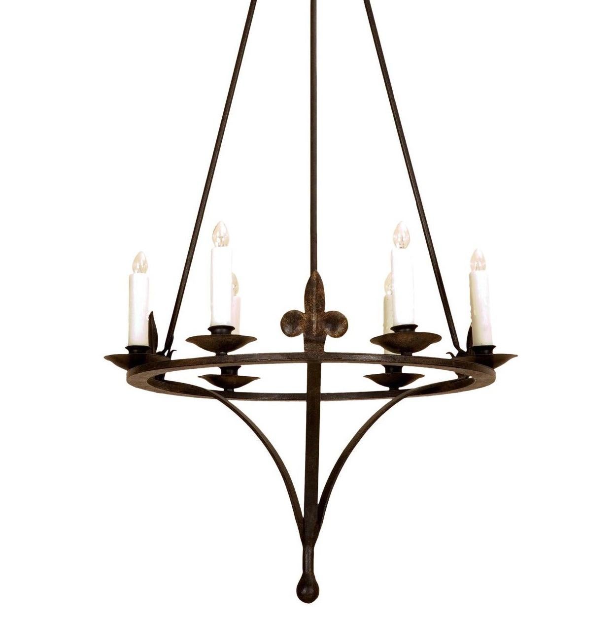 Spanish Colonial Wrought Iron Six-Light Chandelier by Randy Esada In Good Condition In LOS ANGELES, CA