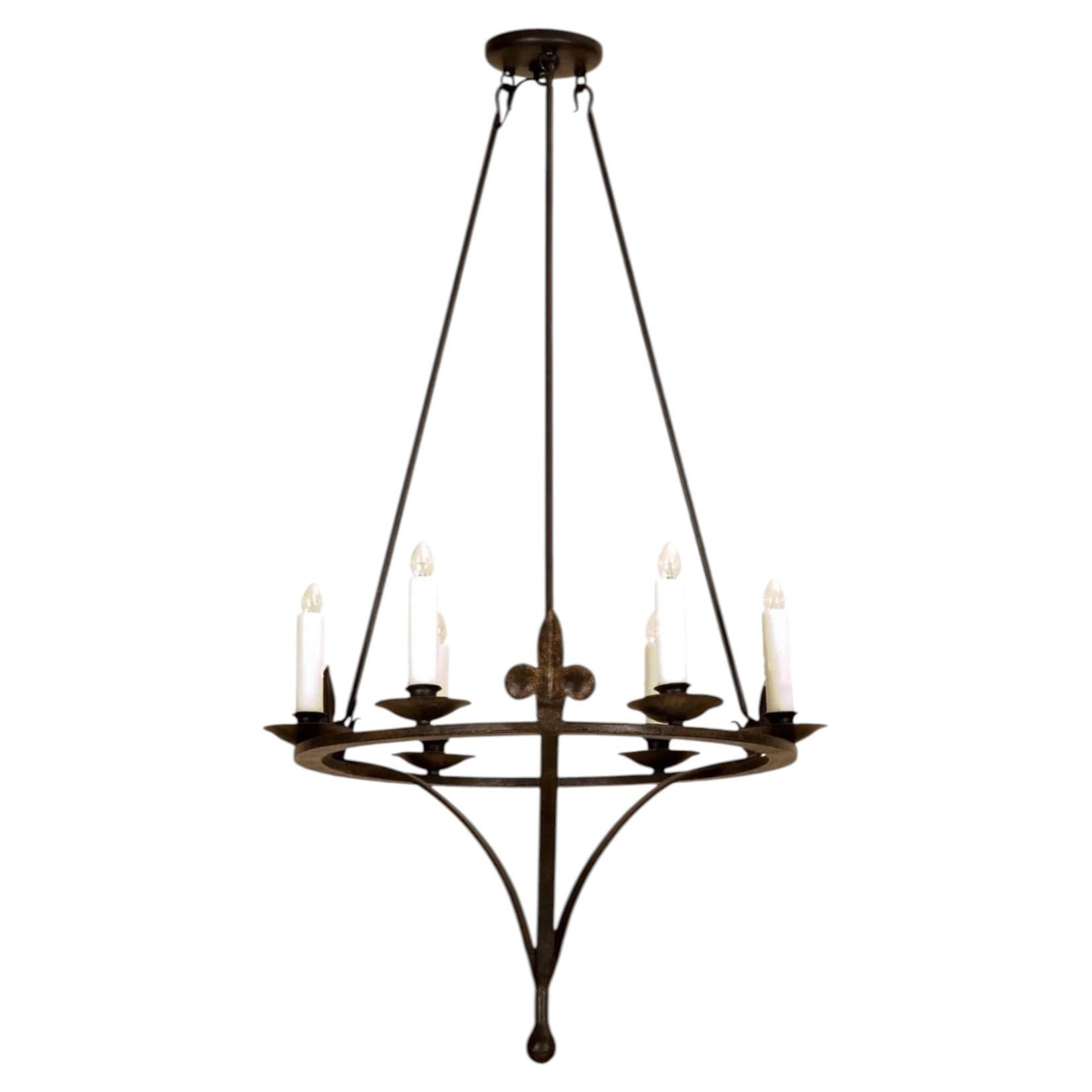 Spanish Colonial Wrought Iron Six Light Chandelier by Randy Esada For Sale