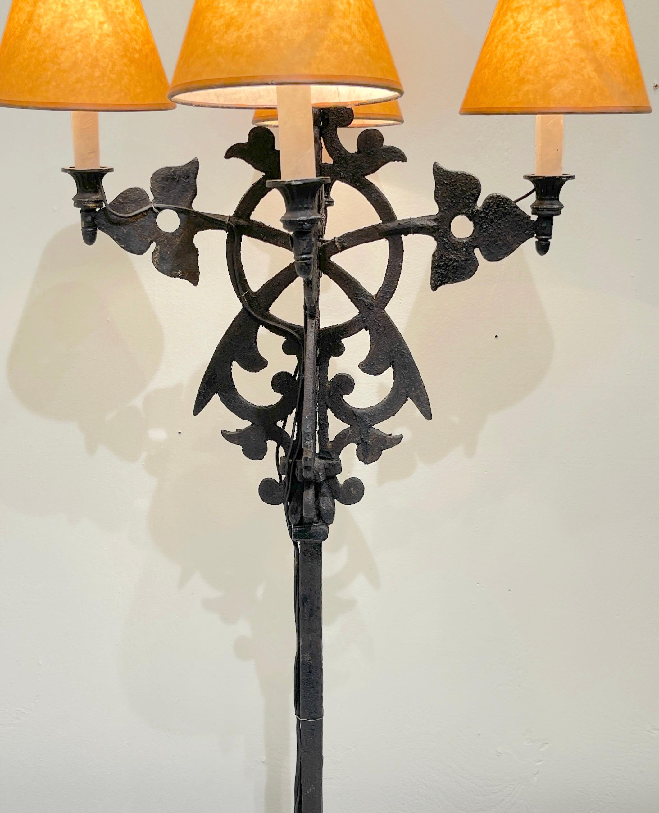 Spanish Colonial Wrought Iron Sunburst Motif Four-Light Candelabra, Electrified 5