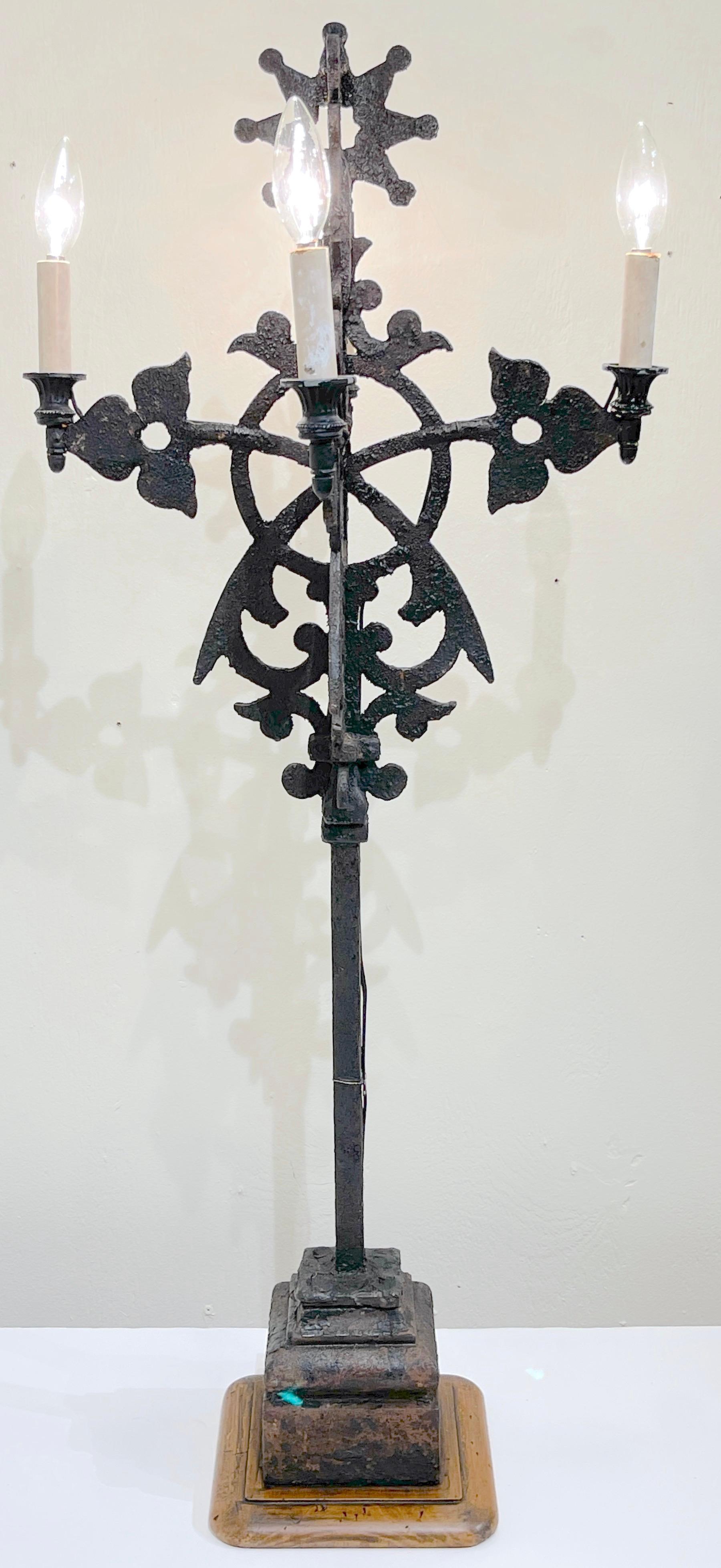 Spanish Colonial Wrought Iron Sunburst Motif Four-Light Candelabra, Electrified 3