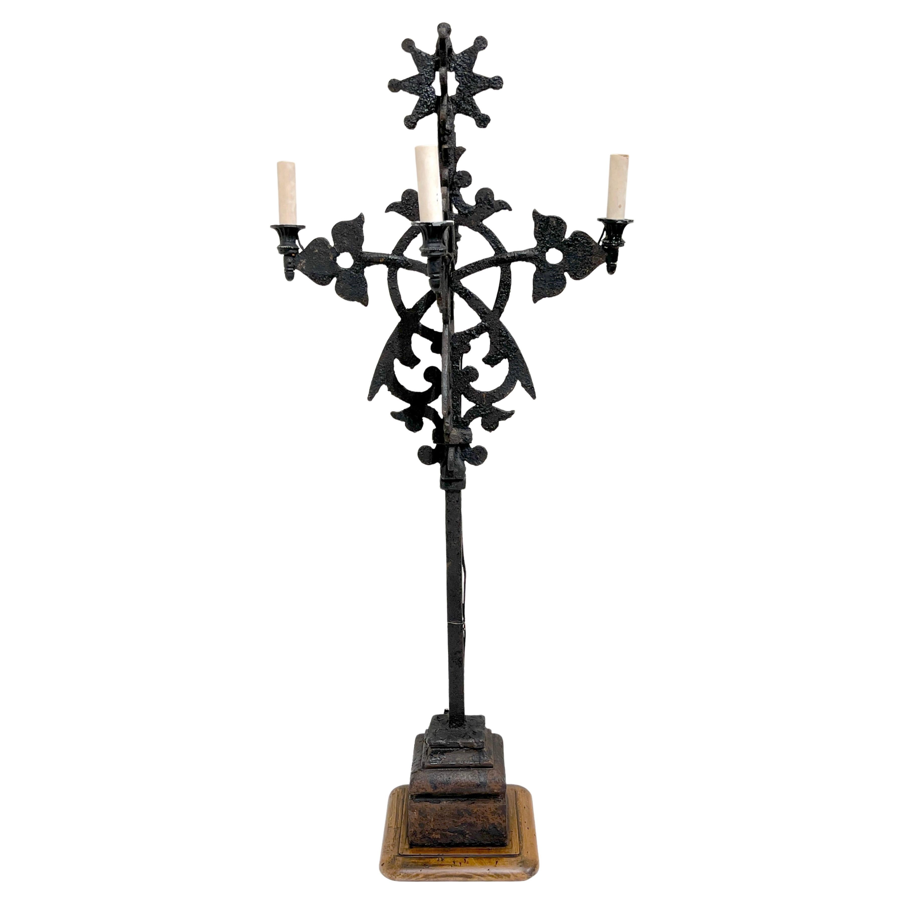Spanish Colonial Wrought Iron Sunburst Motif Four-Light Candelabra, Electrified