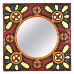 Spanish Colorful Wooden Wall Mirror with Hand Painted Floral Frame
