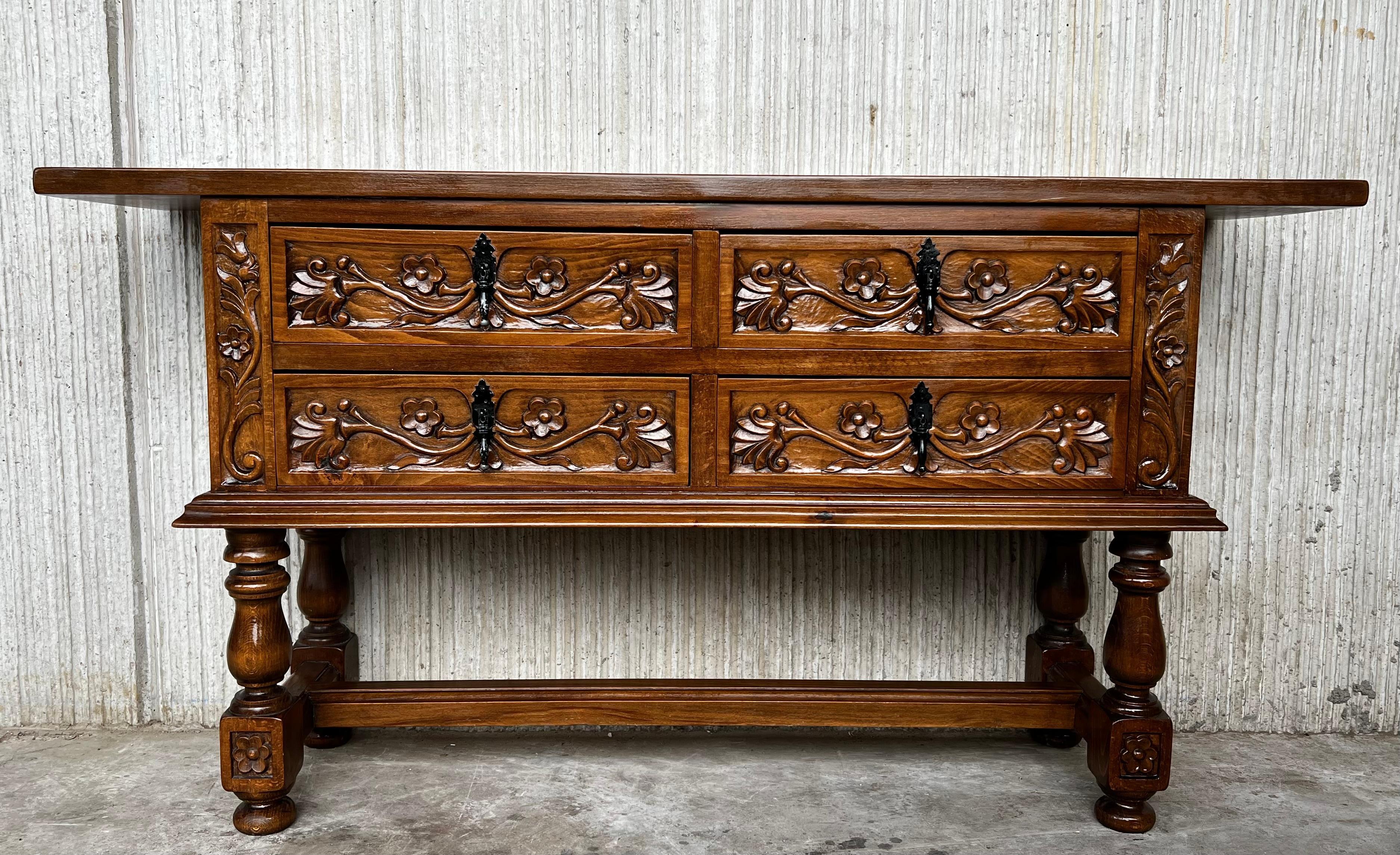 Baroque Revival Spanish Console Chest Table with Four Carved Drawers and Original Hardware For Sale