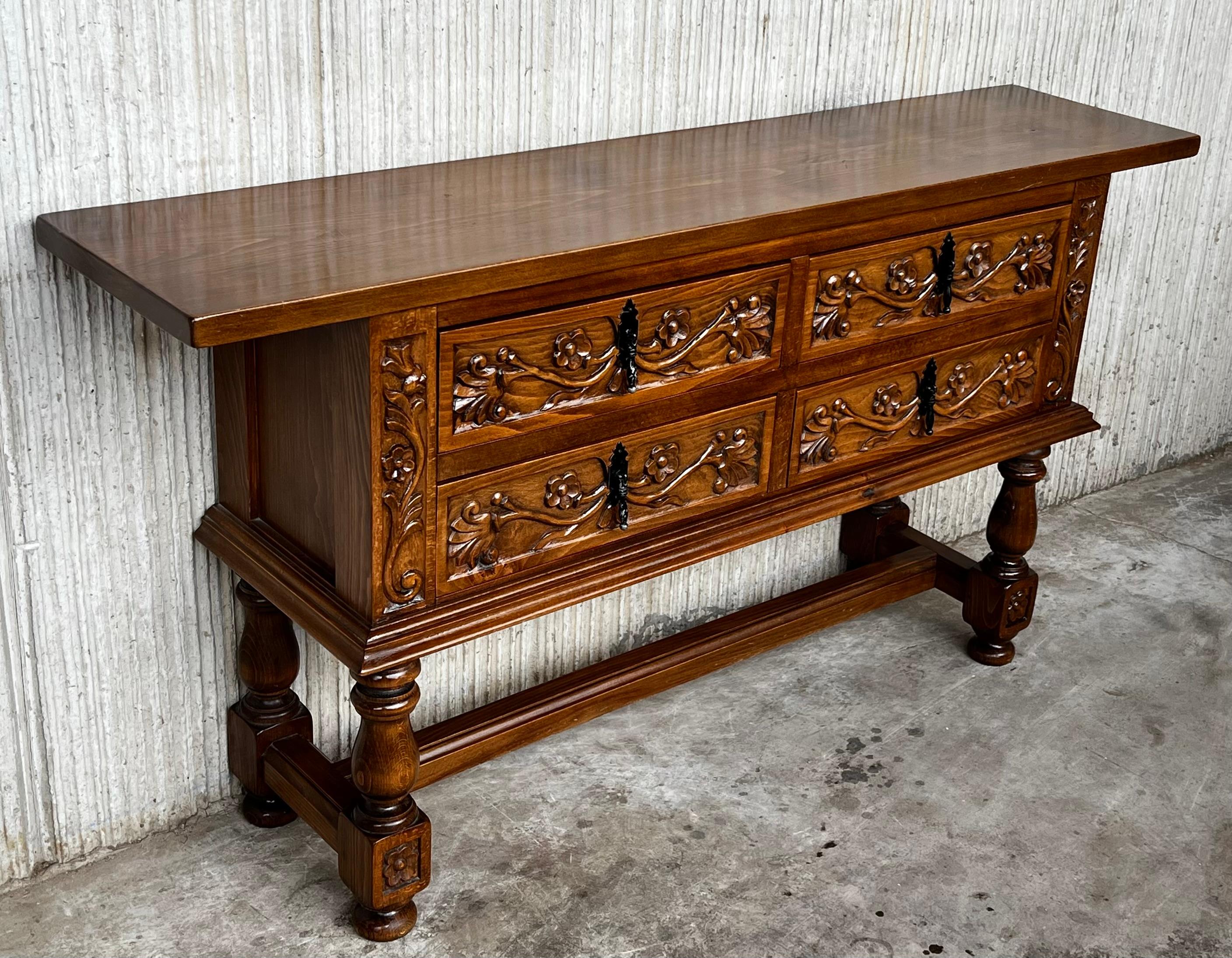20th Century Spanish Console Chest Table with Four Carved Drawers and Original Hardware For Sale