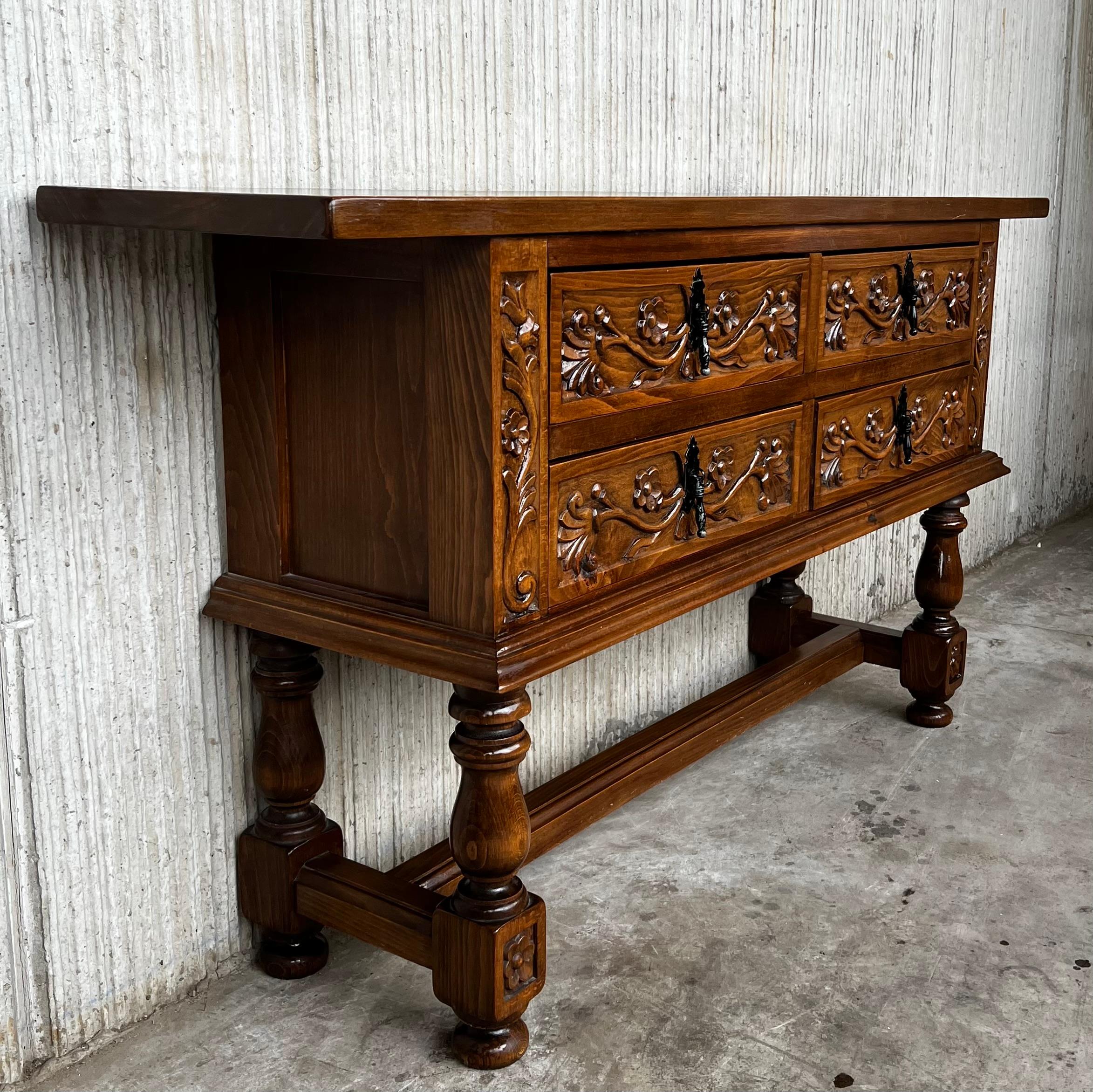 Walnut Spanish Console Chest Table with Four Carved Drawers and Original Hardware For Sale