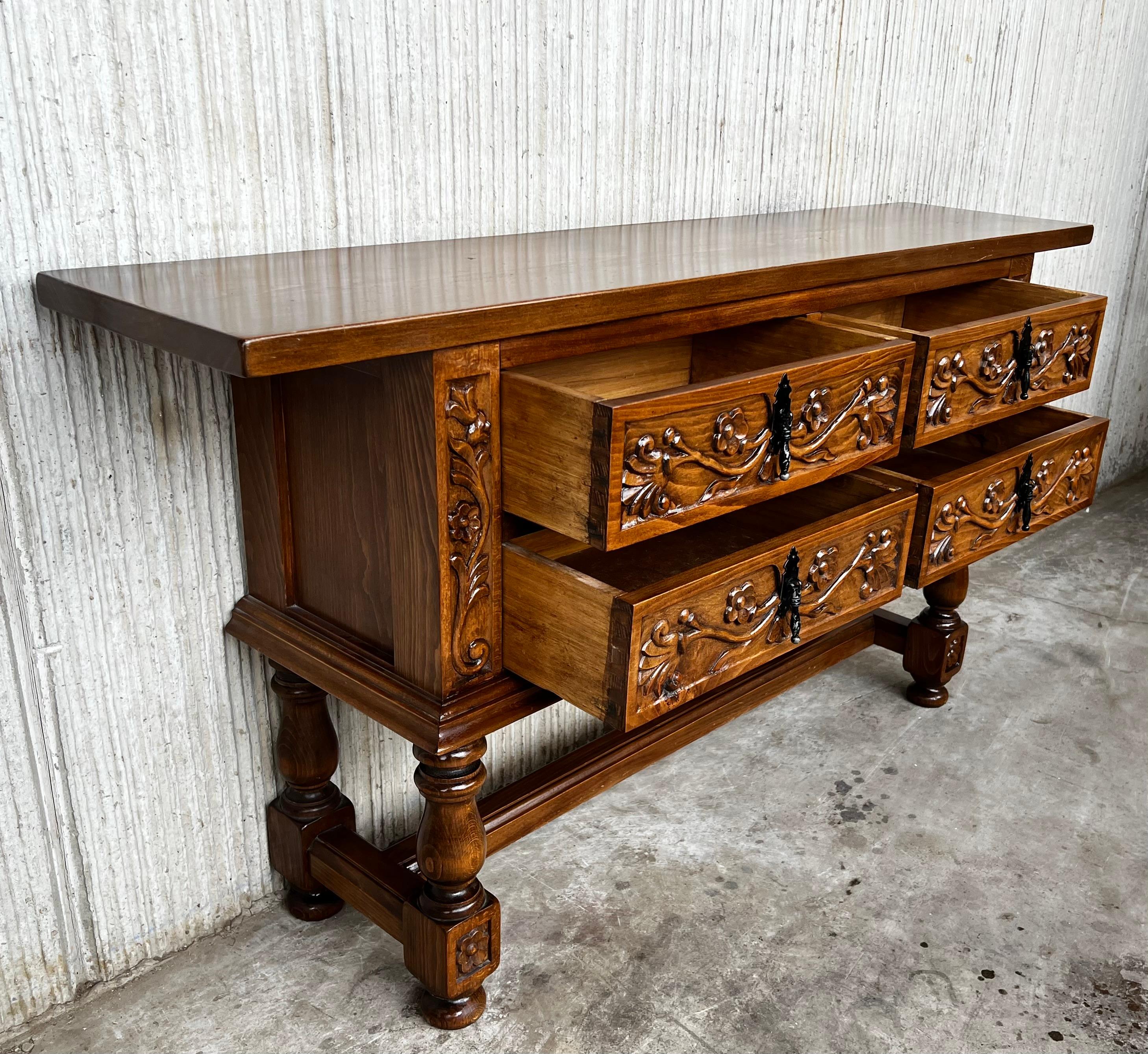 Spanish Console Chest Table with Four Carved Drawers and Original Hardware For Sale 1
