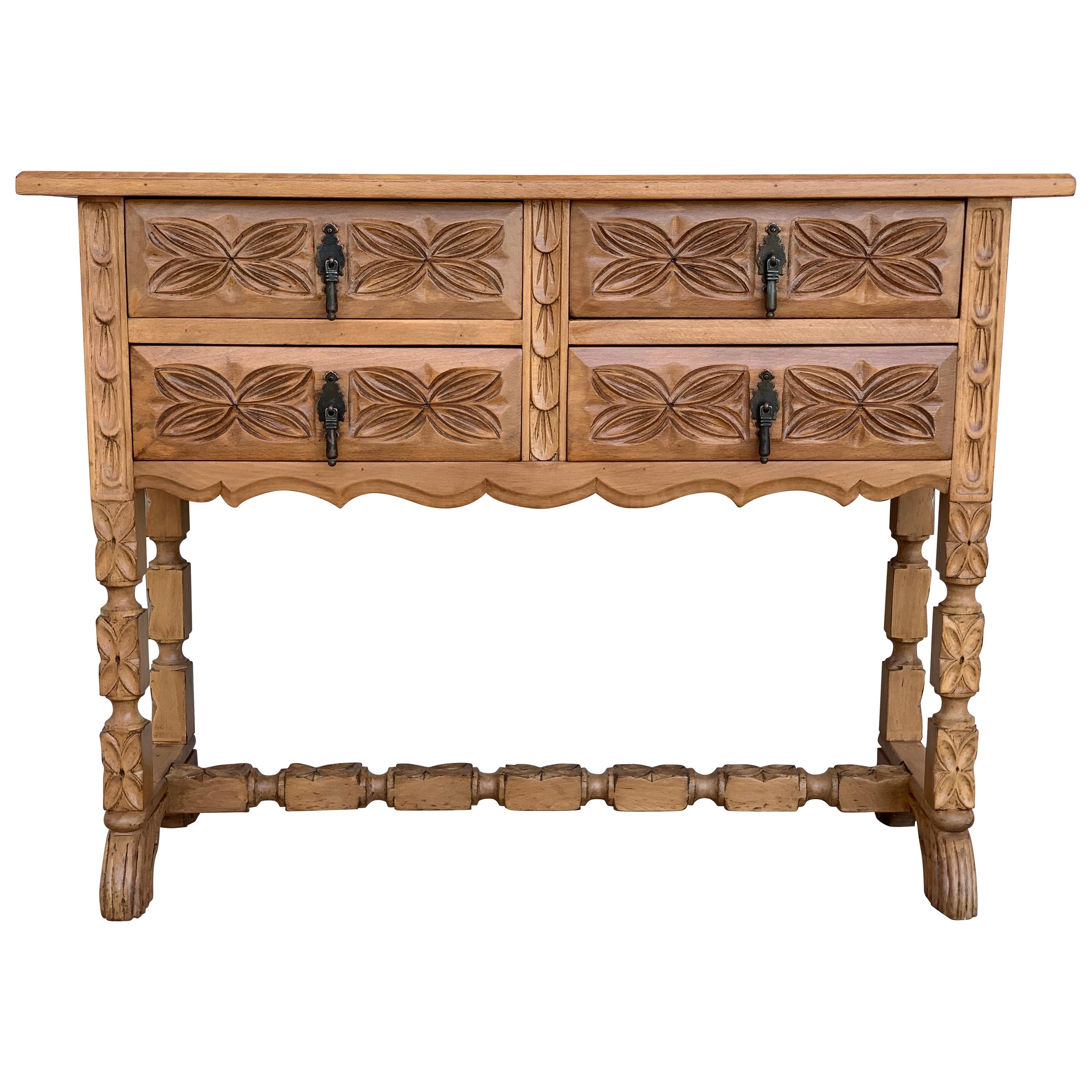 Spanish Console Chest Table with Four Carved Drawers and Original Hardware