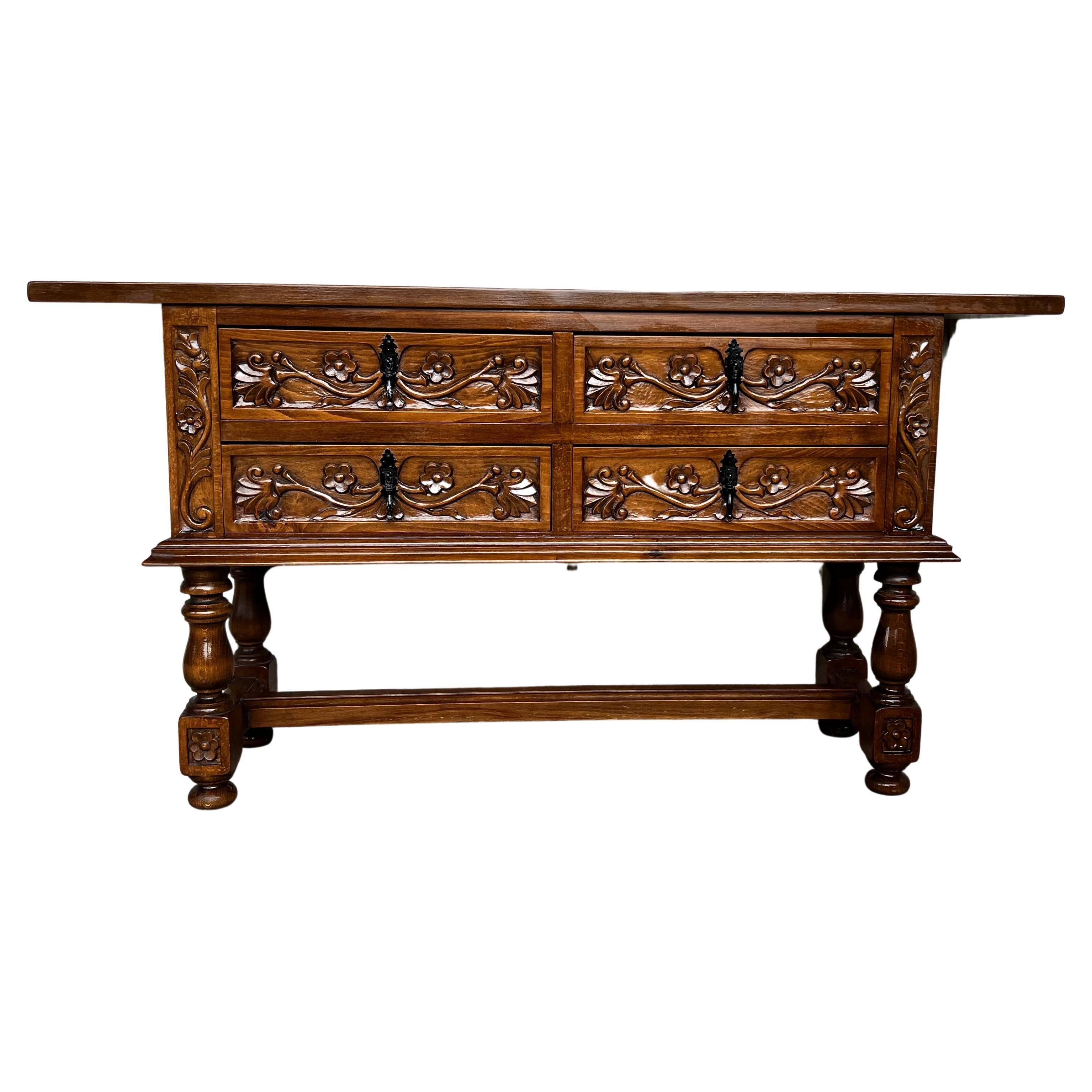 Spanish Console Chest Table with Four Carved Drawers and Original Hardware For Sale