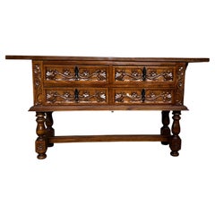 Antique Spanish Console Chest Table with Four Carved Drawers and Original Hardware