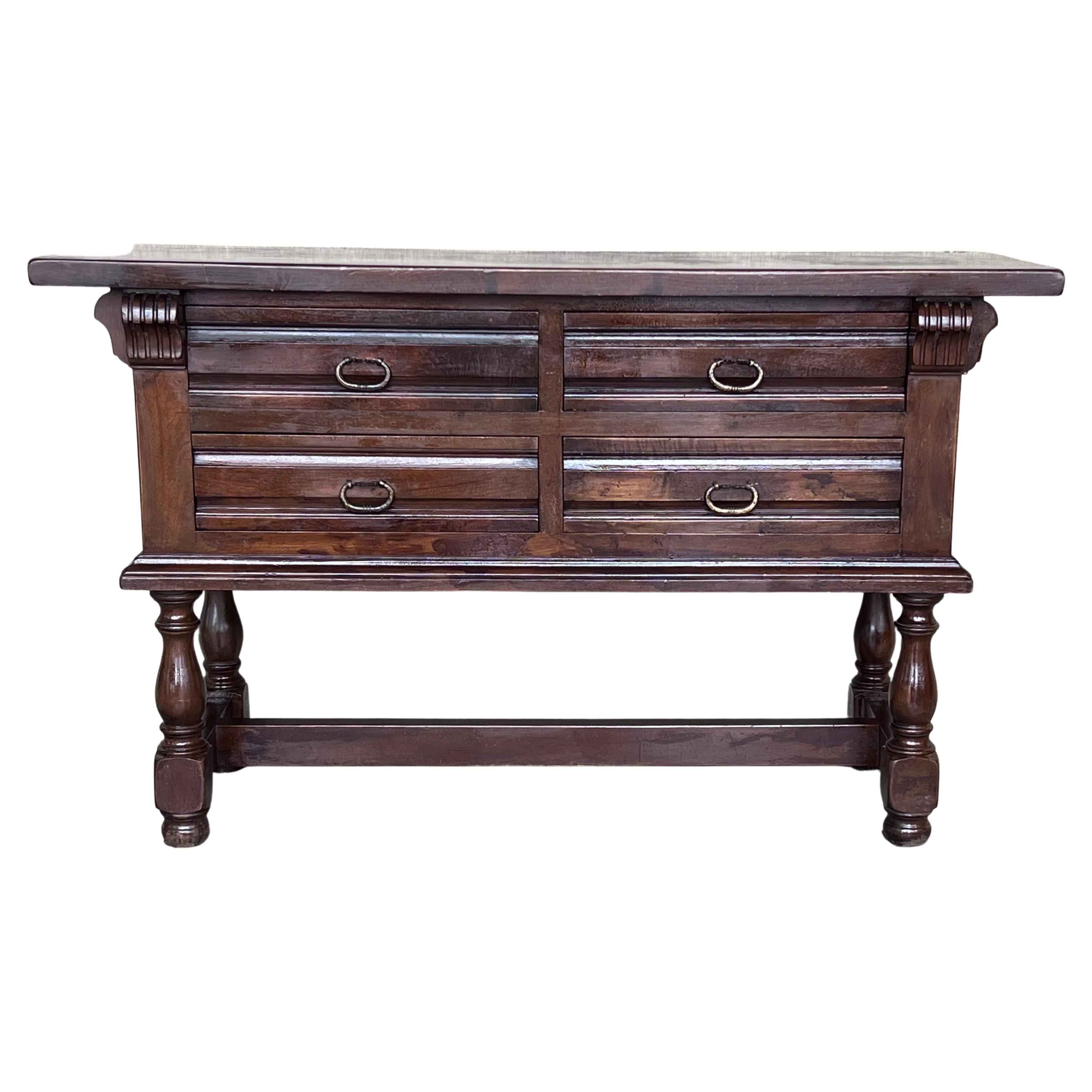 Spanish Console Chest Table with Four Carved Drawers and Original Hardware For Sale
