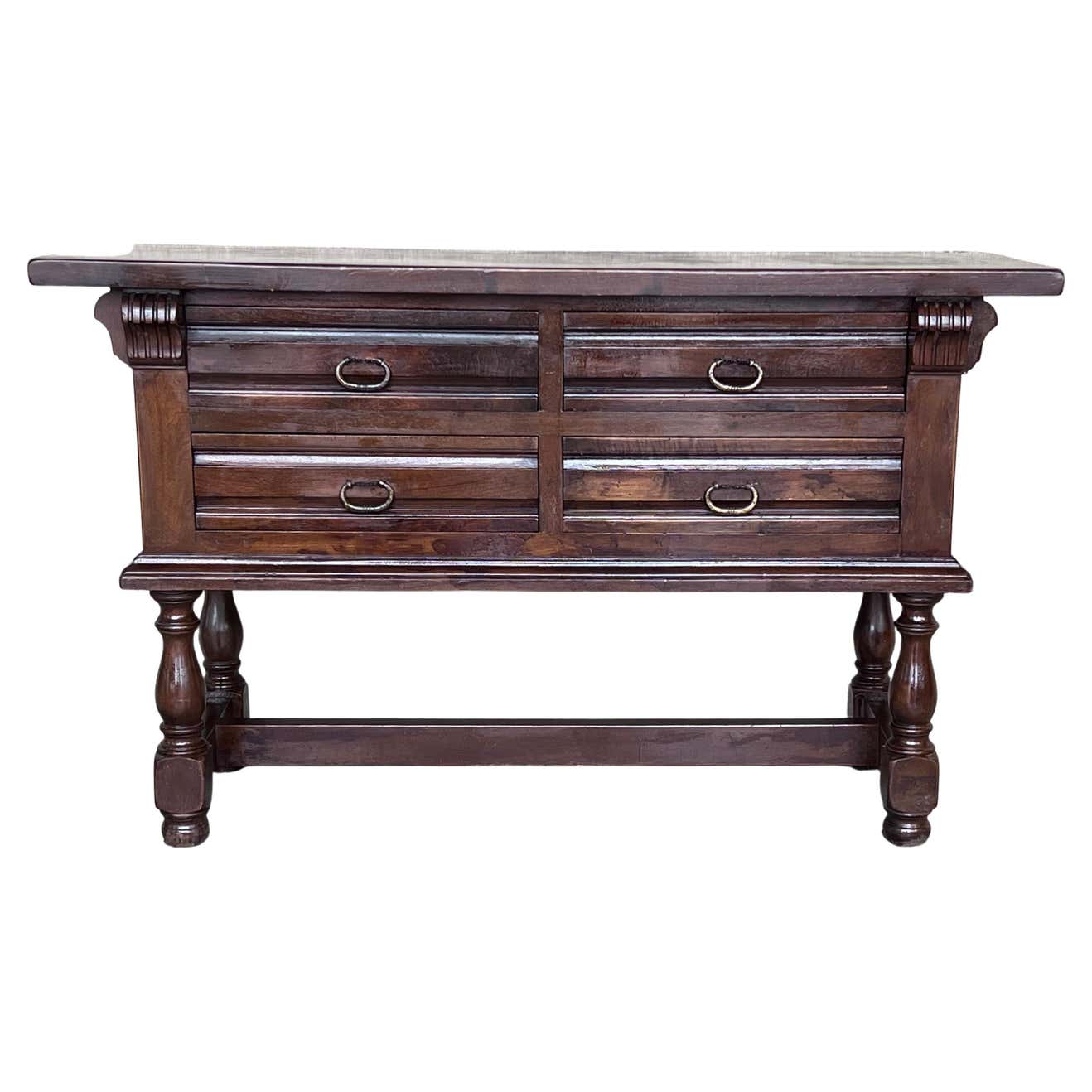 Spanish Console Chest Table with Four Carved Drawers and Original ...