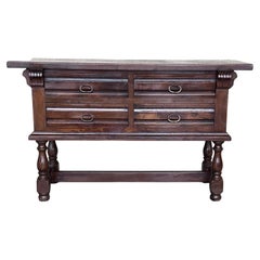 Spanish Console Chest Table with Four Carved Drawers and Original Hardware