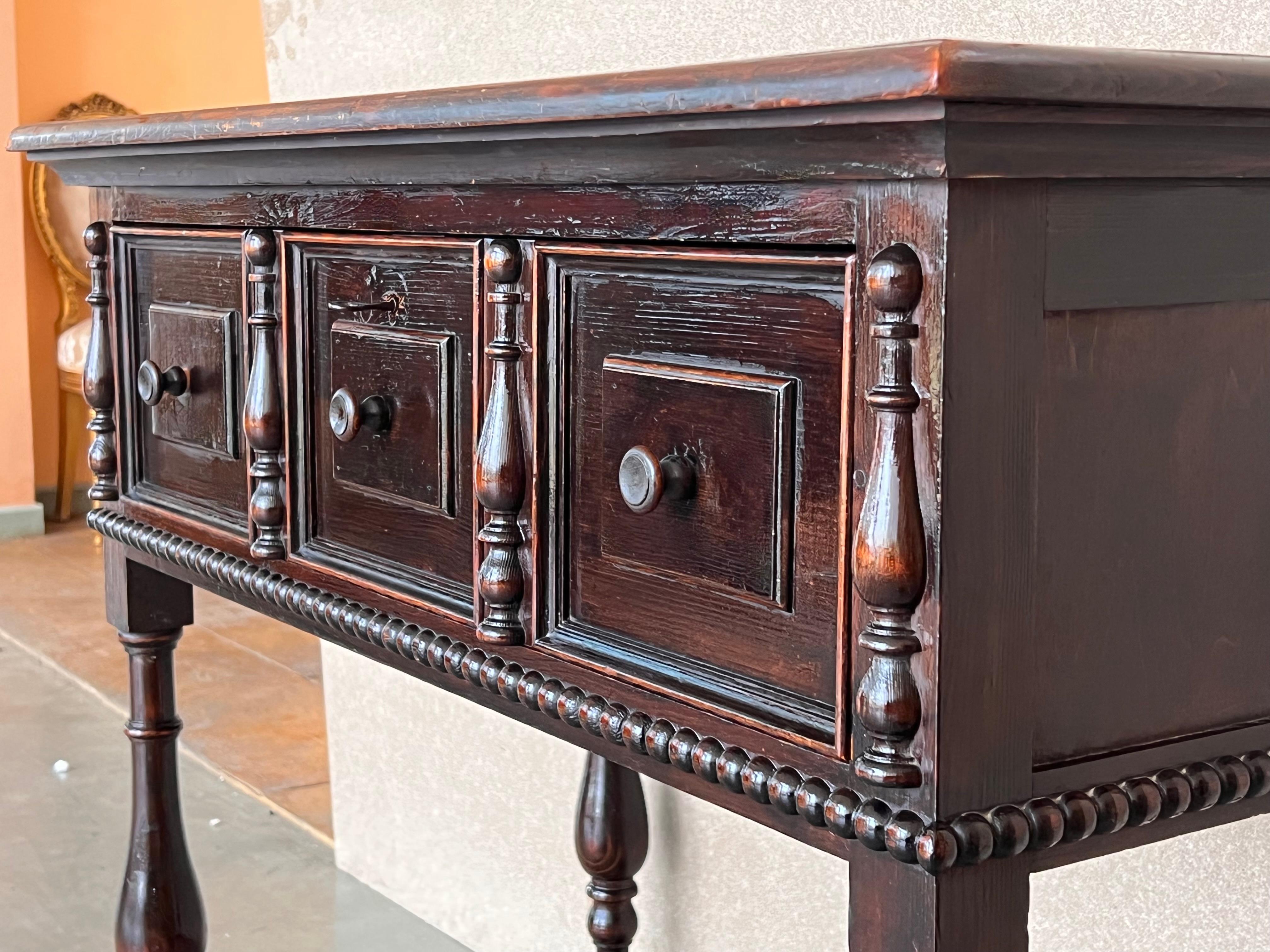 Spanish Console Chest Table with Two Carved Drawers and Original Hardware For Sale 4
