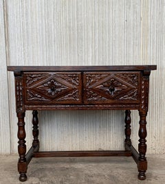 Spanish Console Chest Table with Two Carved Drawers and Original Hardware