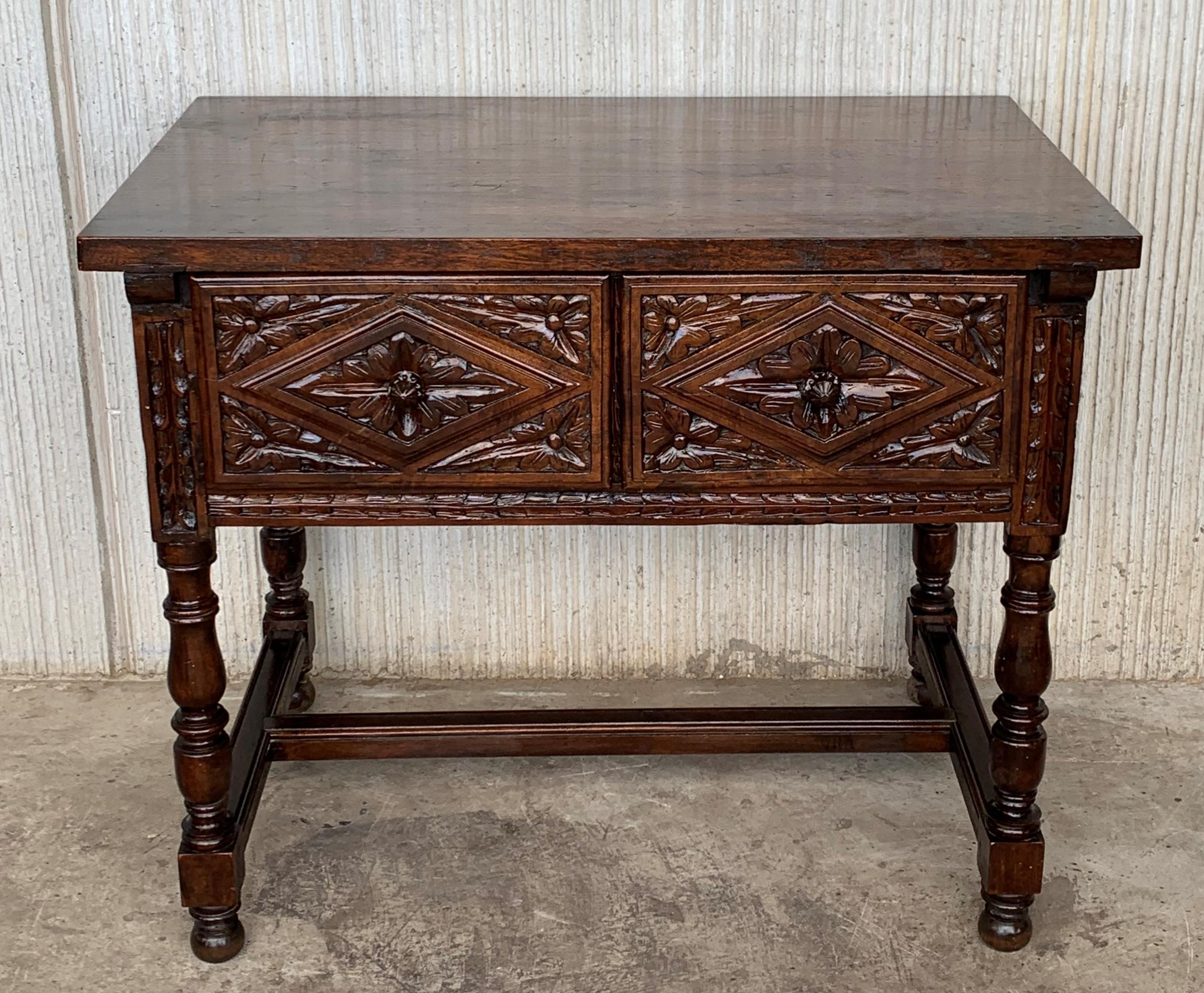 Baroque Revival Spanish Console Chest Table with Two Carved Drawers and Original Hardware