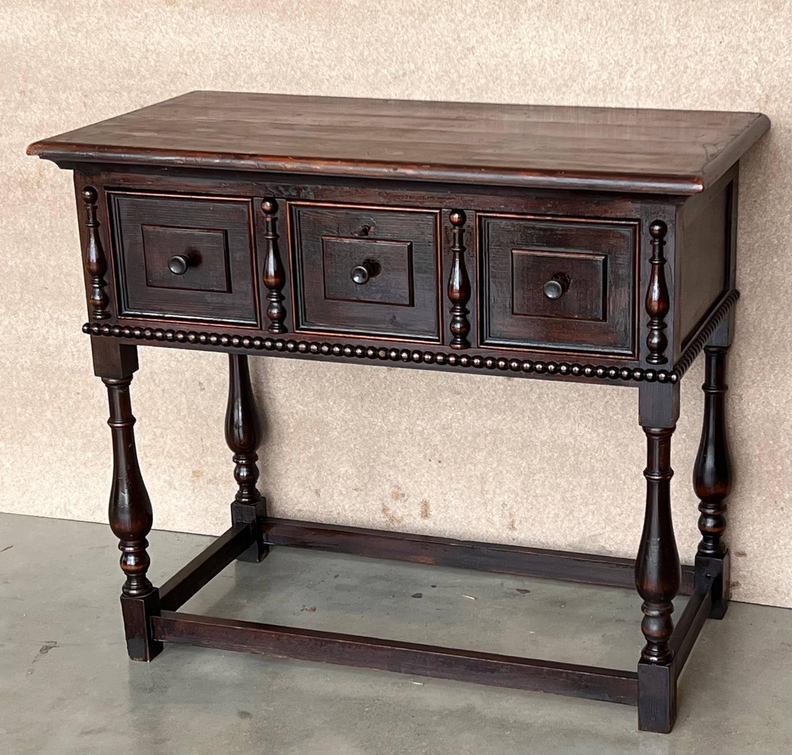 Baroque Revival Spanish Console Chest Table with Two Carved Drawers and Original Hardware For Sale