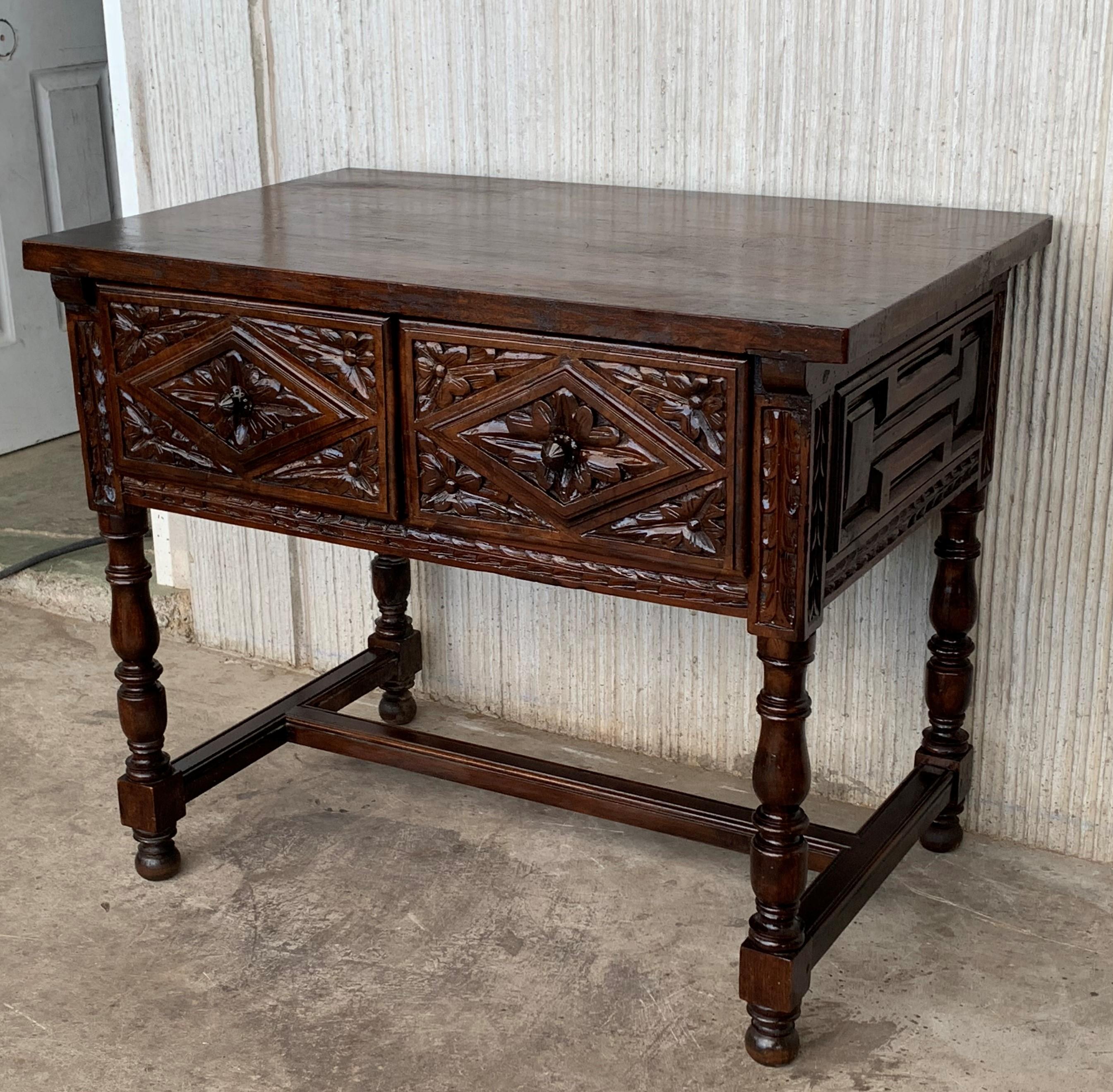 Spanish Console Chest Table with Two Carved Drawers and Original Hardware In Good Condition In Miami, FL