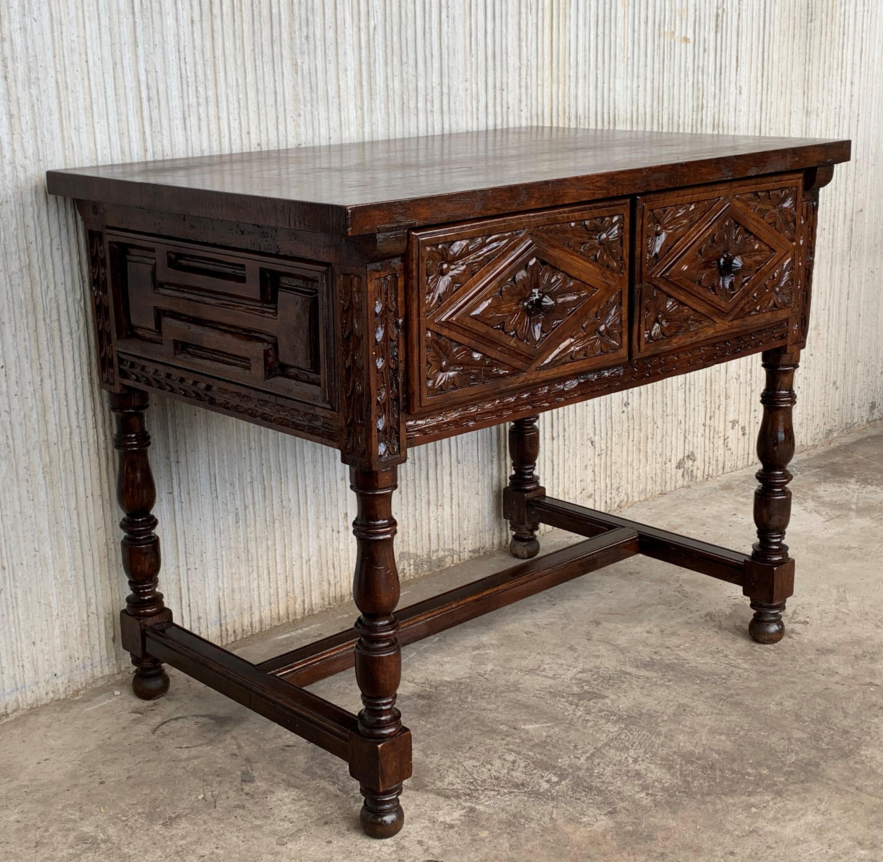 19th Century Spanish Console Chest Table with Two Carved Drawers and Original Hardware