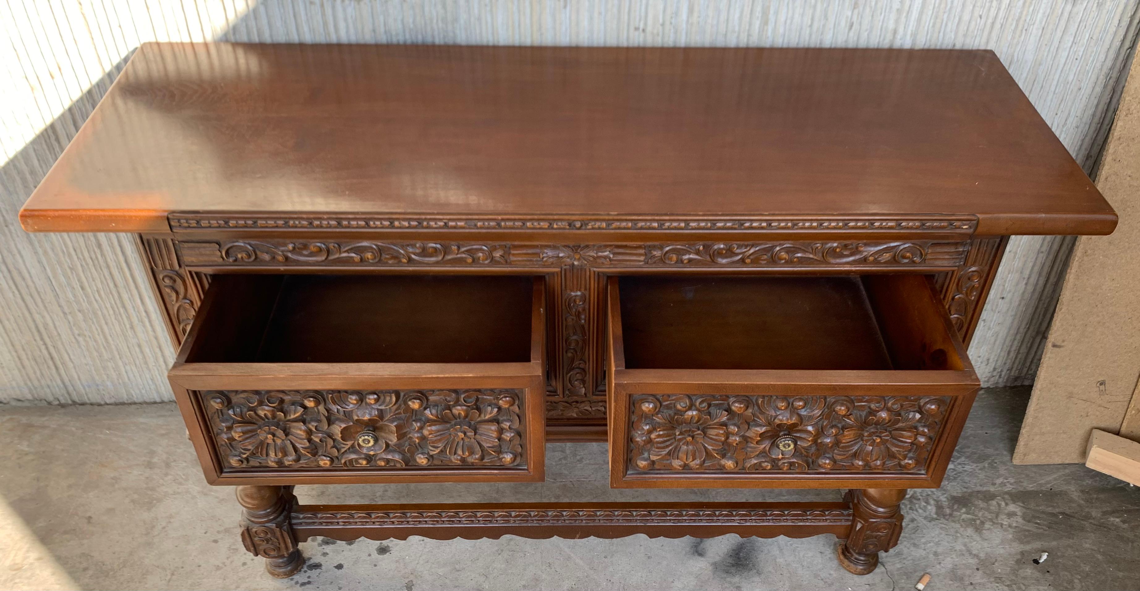 19th Century Spanish Console Chest Table with Two Carved Drawers and Original Hardware