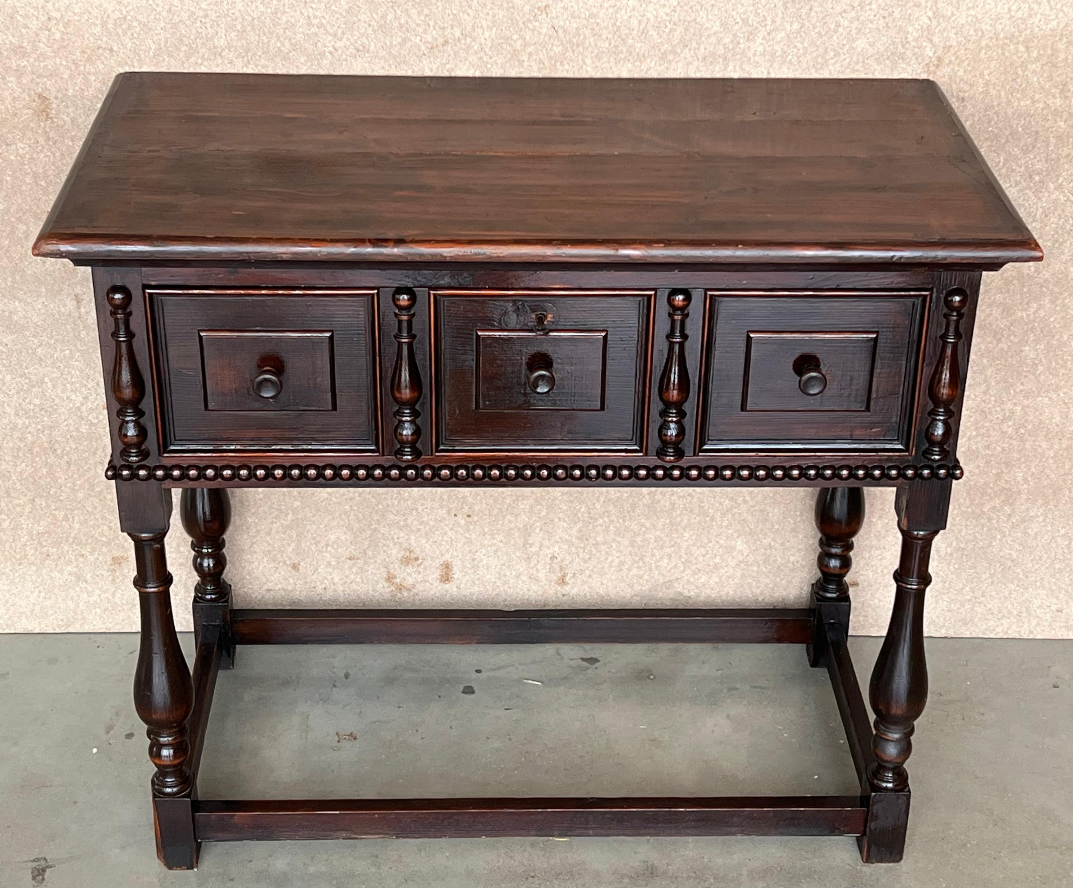 19th Century Spanish Console Chest Table with Two Carved Drawers and Original Hardware For Sale