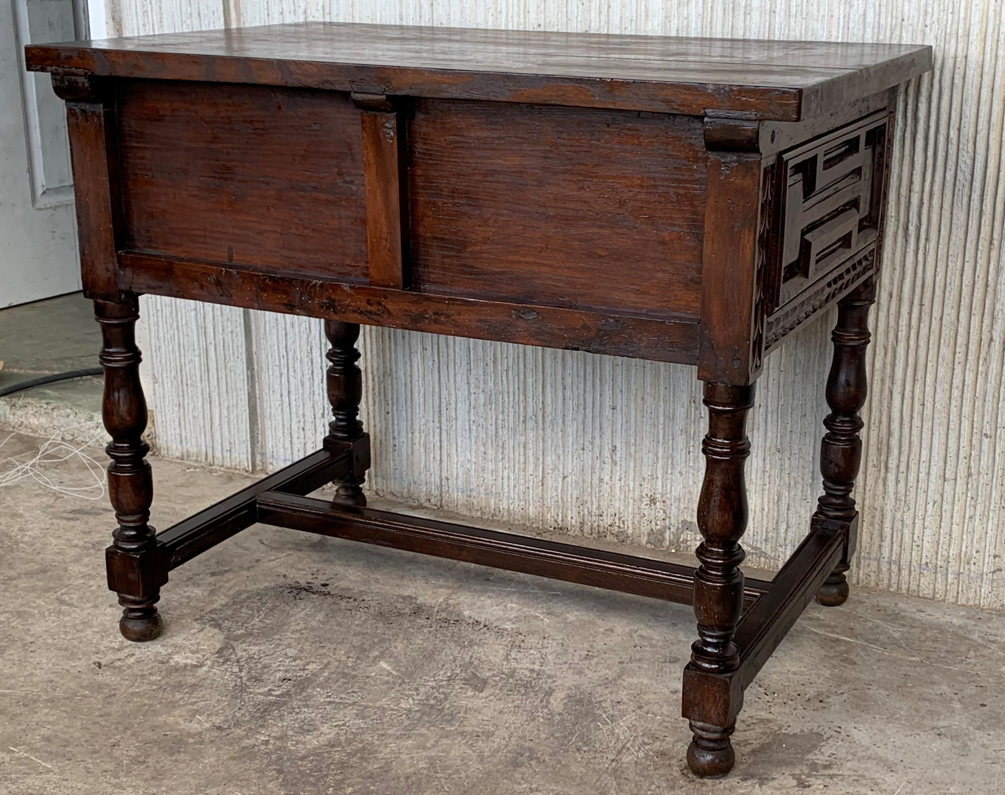 Iron Spanish Console Chest Table with Two Carved Drawers and Original Hardware