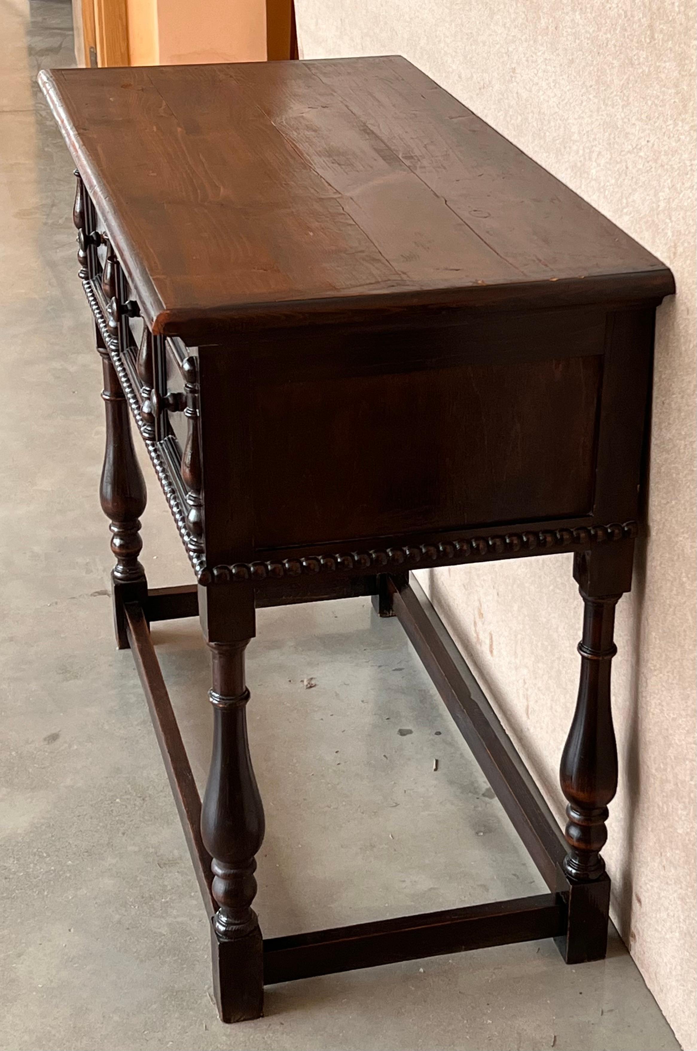 Iron Spanish Console Chest Table with Two Carved Drawers and Original Hardware For Sale