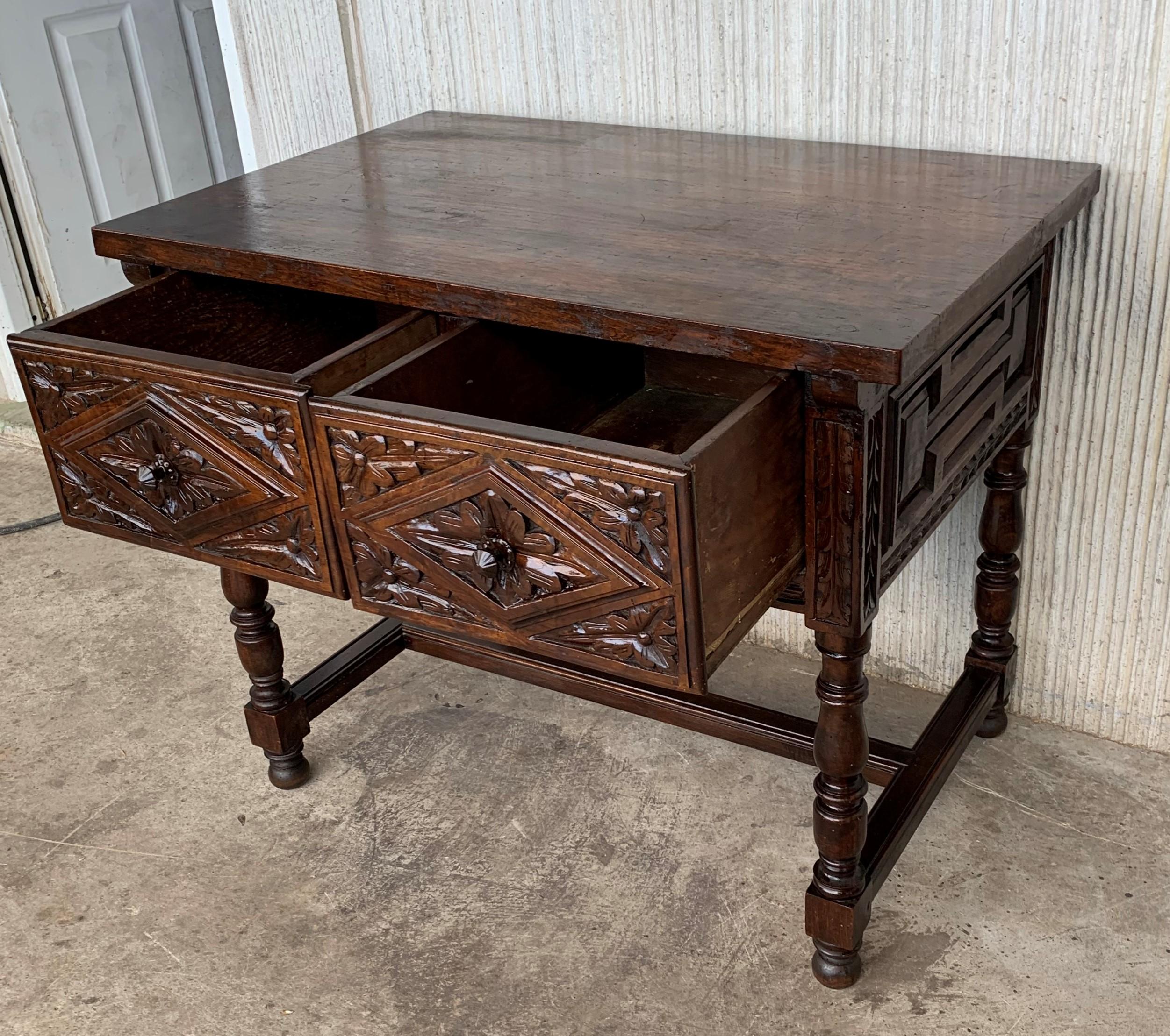 Spanish Console Chest Table with Two Carved Drawers and Original Hardware 1