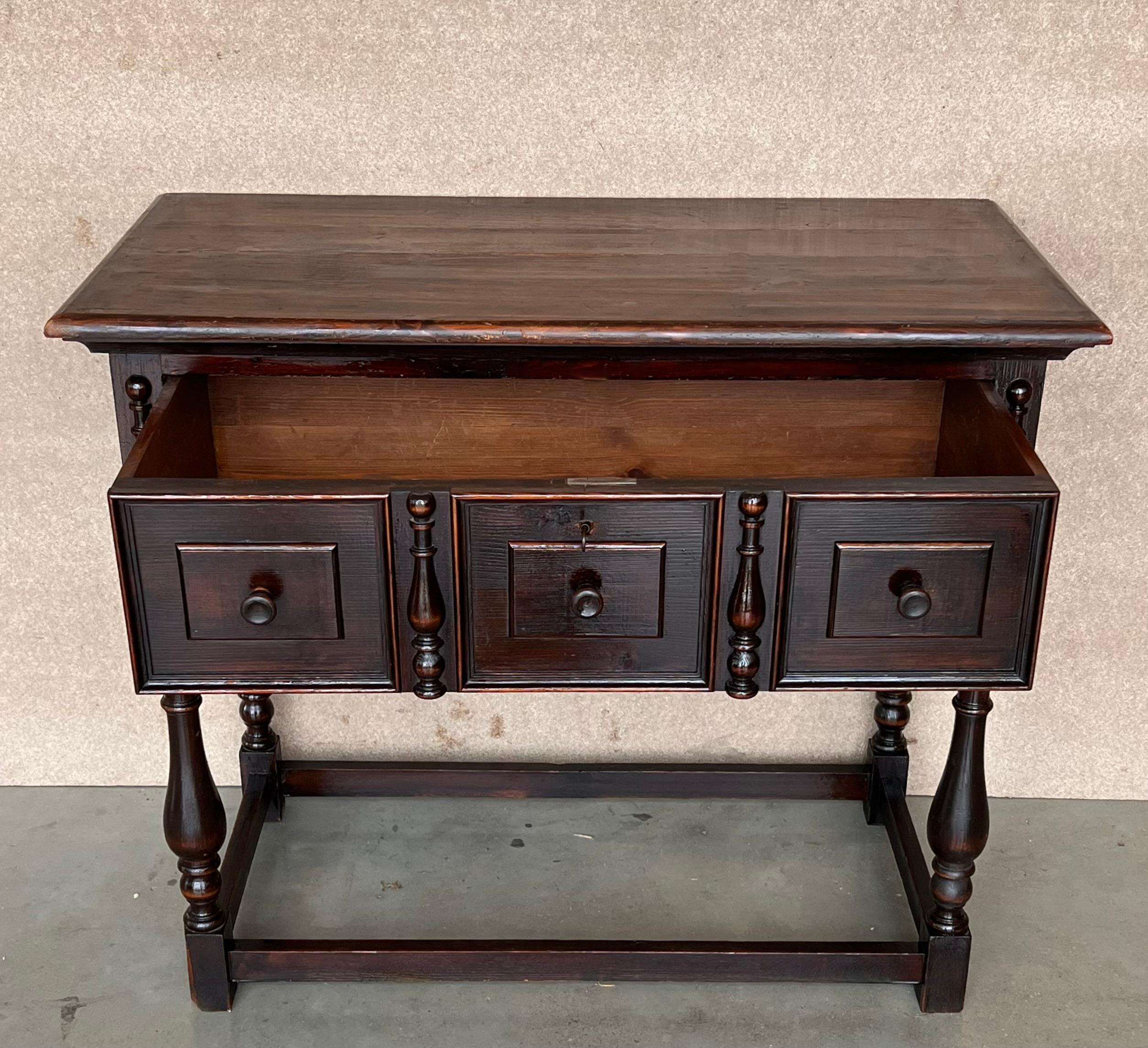 Spanish Console Chest Table with Two Carved Drawers and Original Hardware For Sale 1