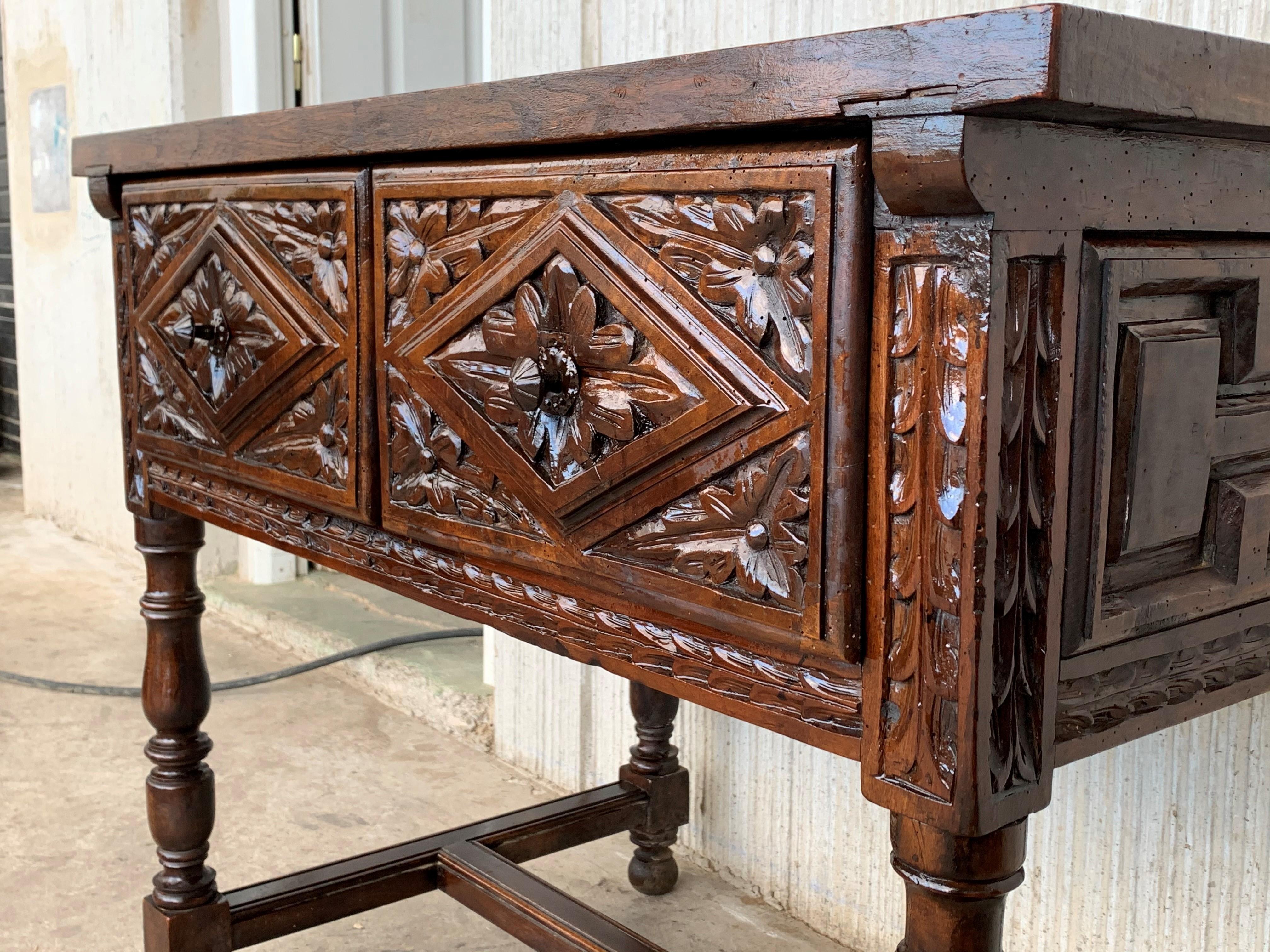 Spanish Console Chest Table with Two Carved Drawers and Original Hardware 2