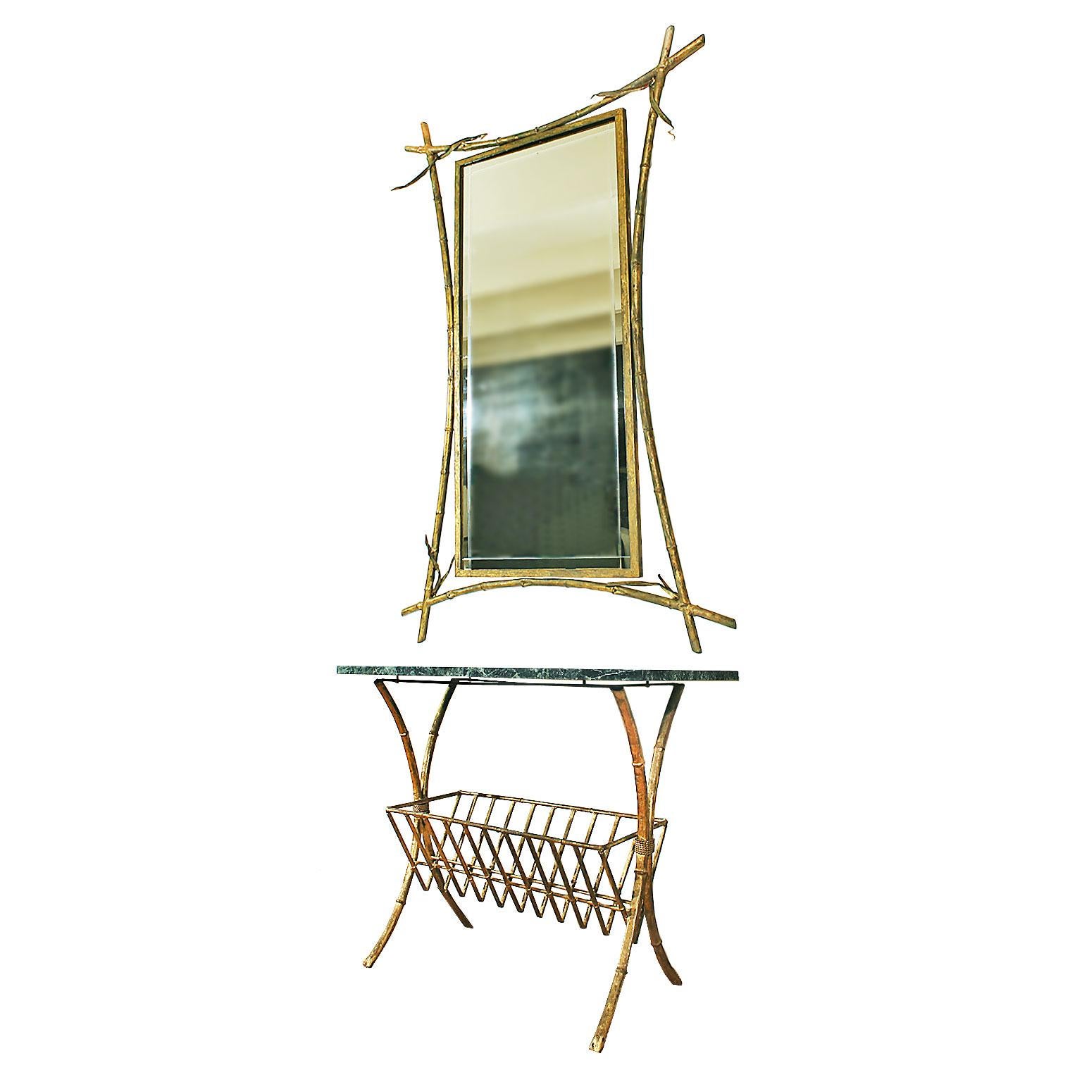 Console, mirror and magazine rack ensemble, original golden patina metal, polished green marble on top of the console.
Spain, circa 1950.

Console: 40 cm x 80 cm x 69 cm.
Mirror: 3 cm x 89 cm x 145 cm.