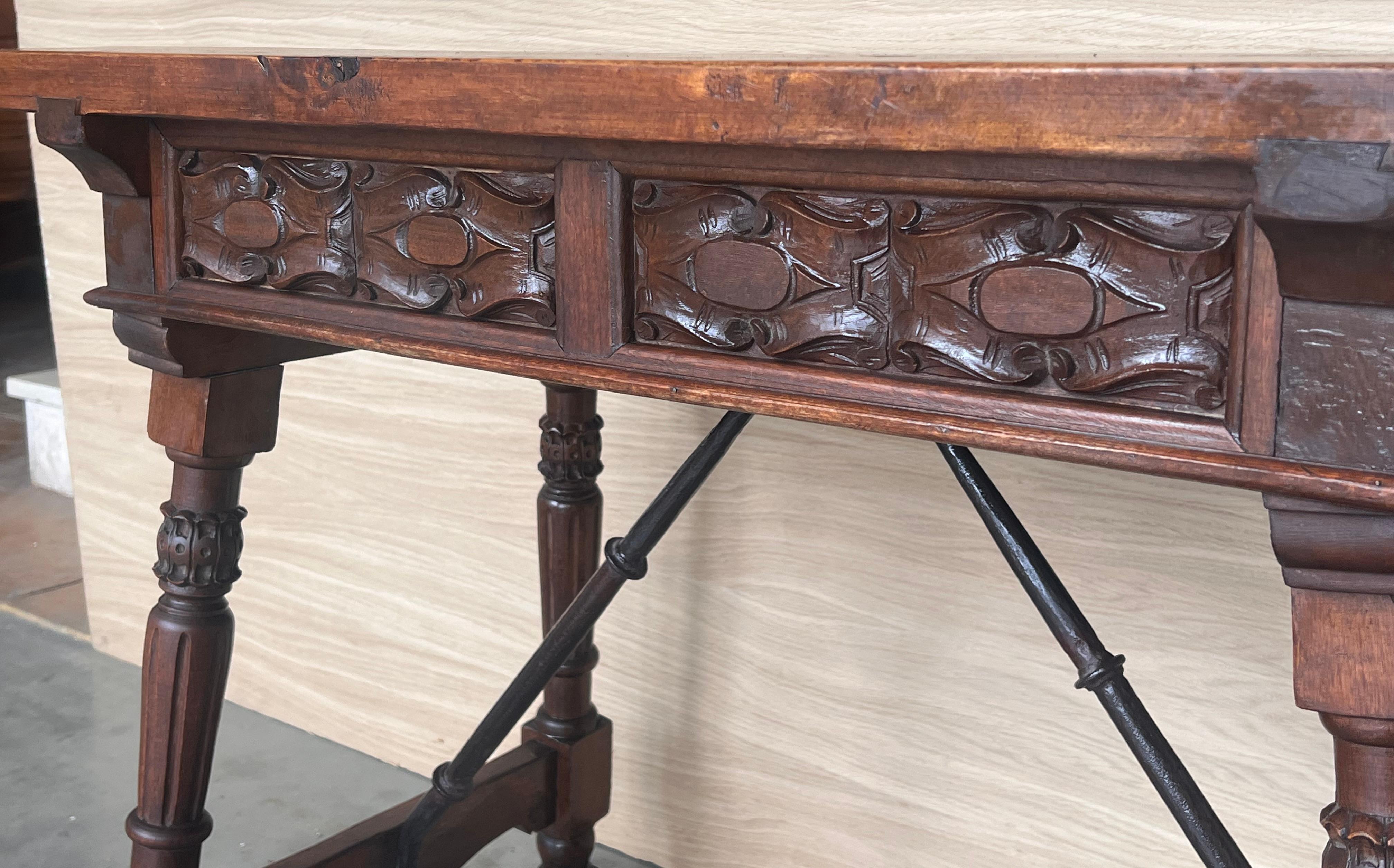 Spanish Console or Side Table with Two Carved sides and Iron Stretcher For Sale 4