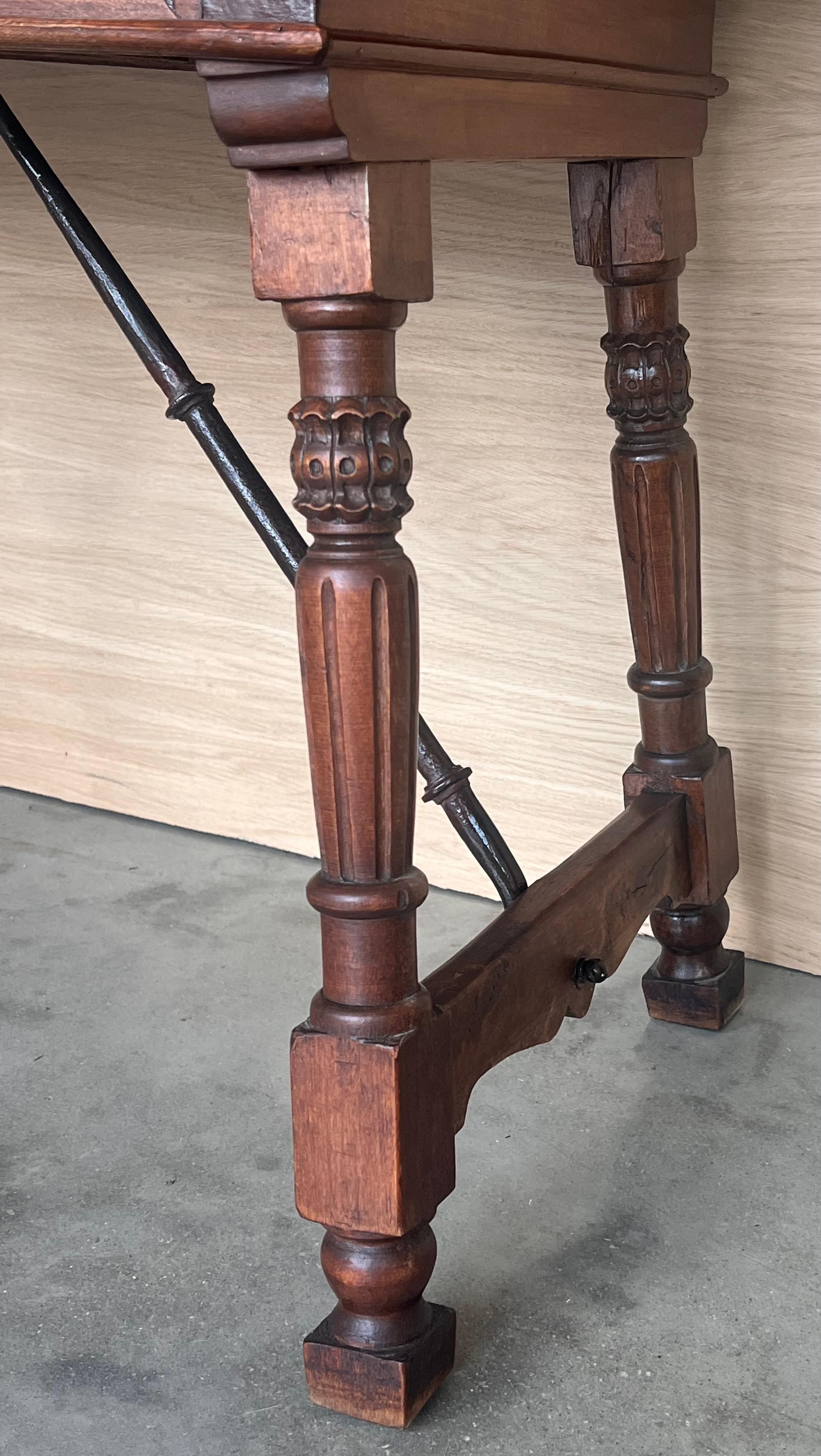 Spanish Console or Side Table with Two Carved sides and Iron Stretcher For Sale 5