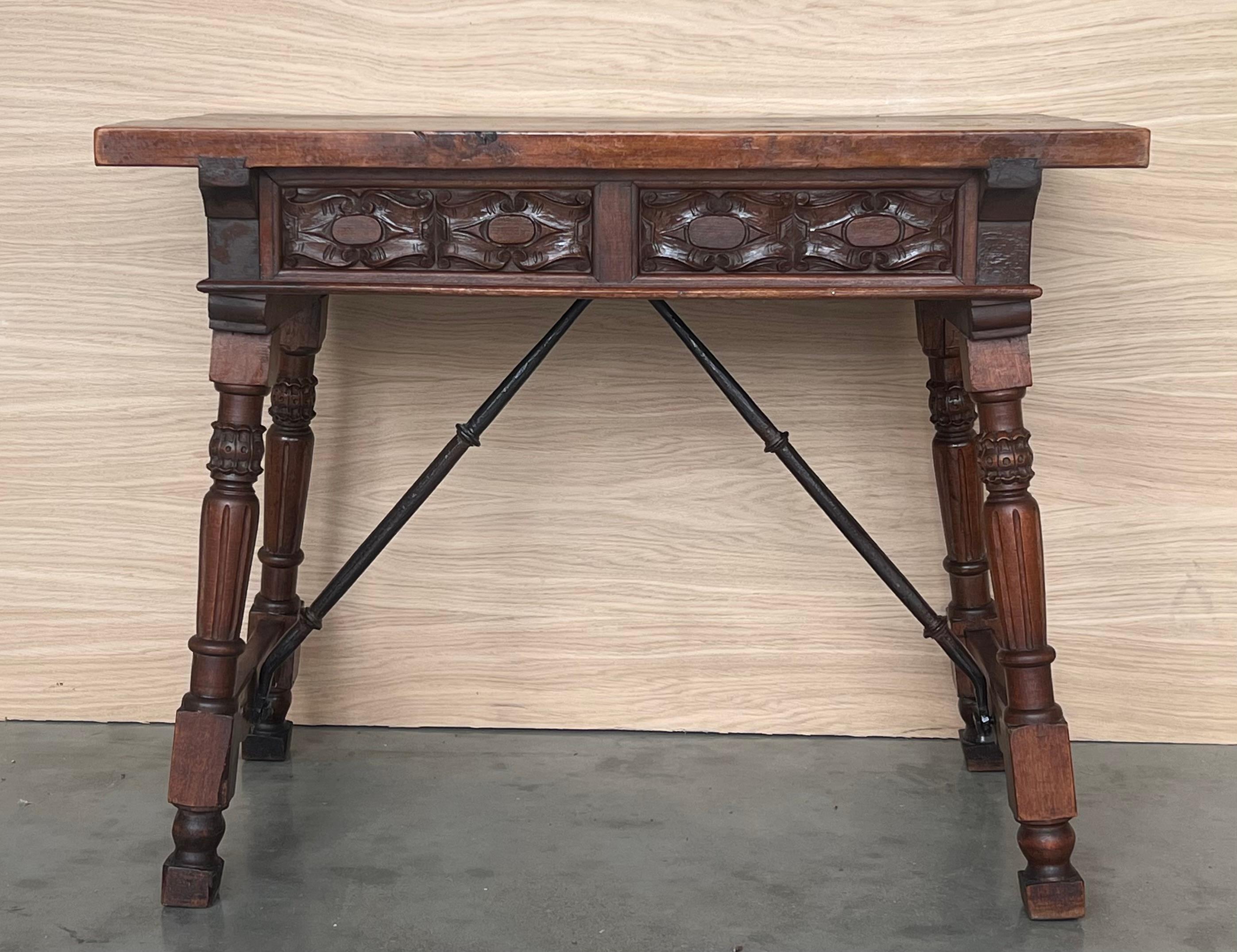 Baroque Spanish Console or Side Table with Two Carved sides and Iron Stretcher For Sale