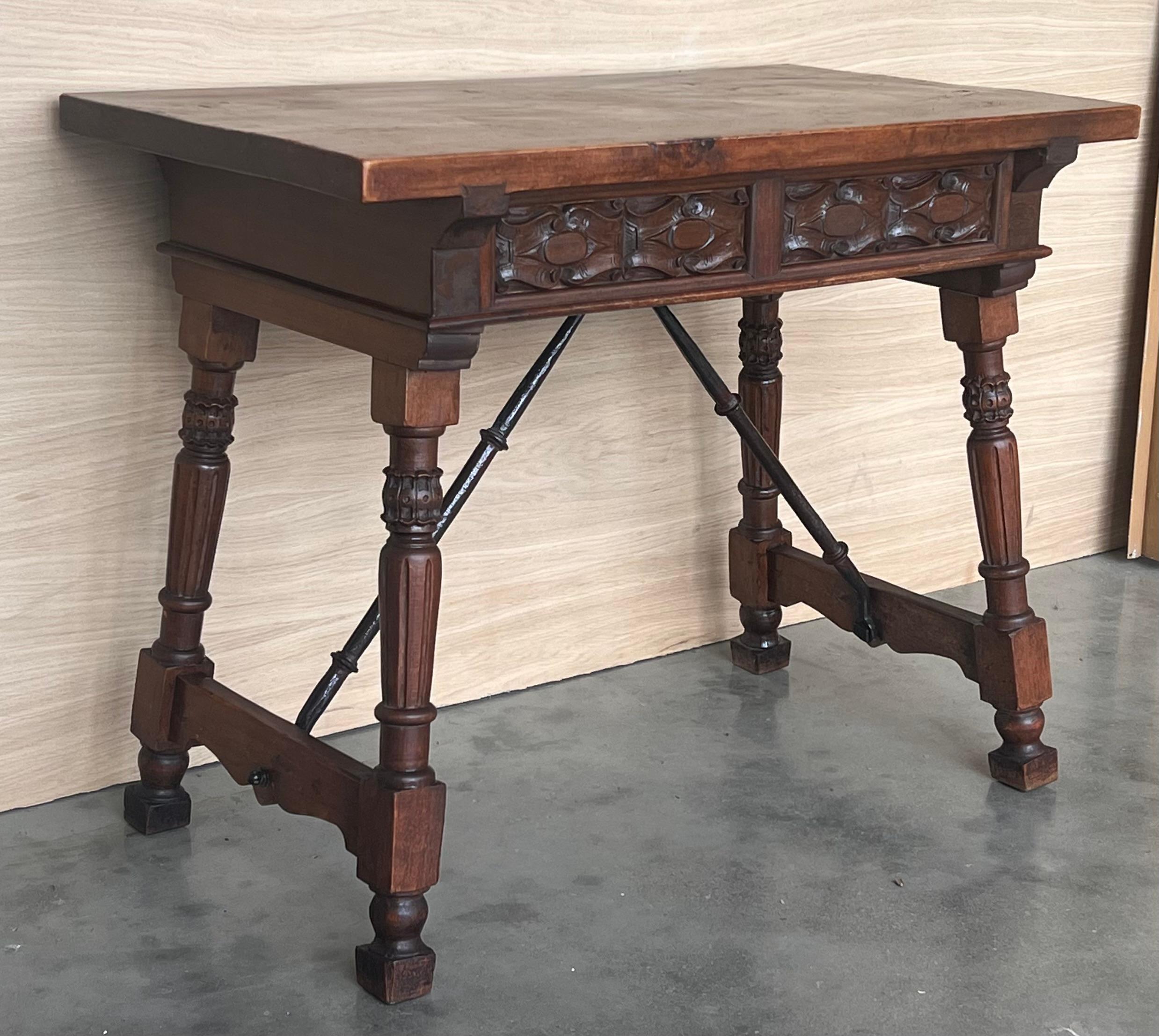 19th Century Spanish Console or Side Table with Two Carved sides and Iron Stretcher For Sale