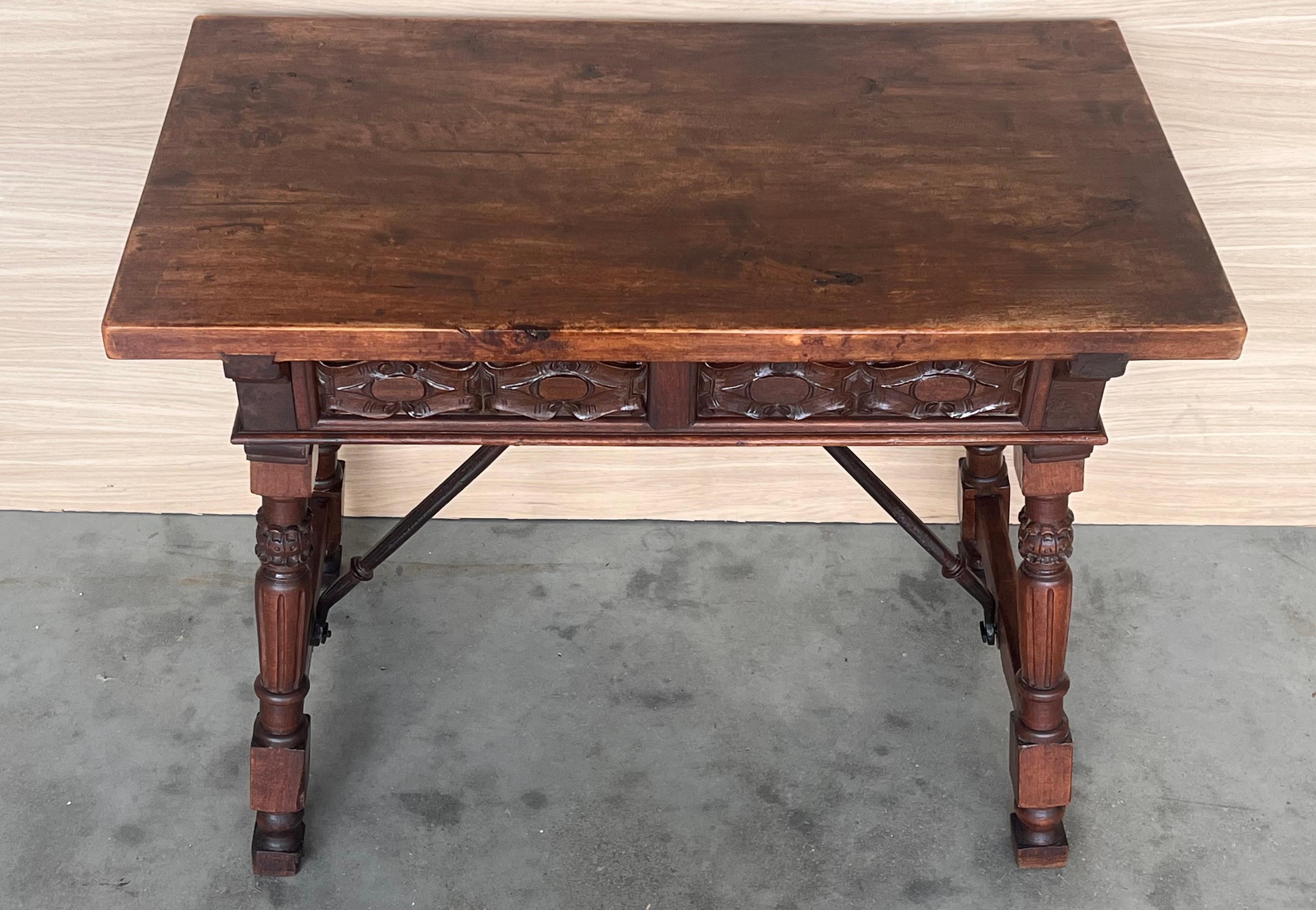 Walnut Spanish Console or Side Table with Two Carved sides and Iron Stretcher For Sale