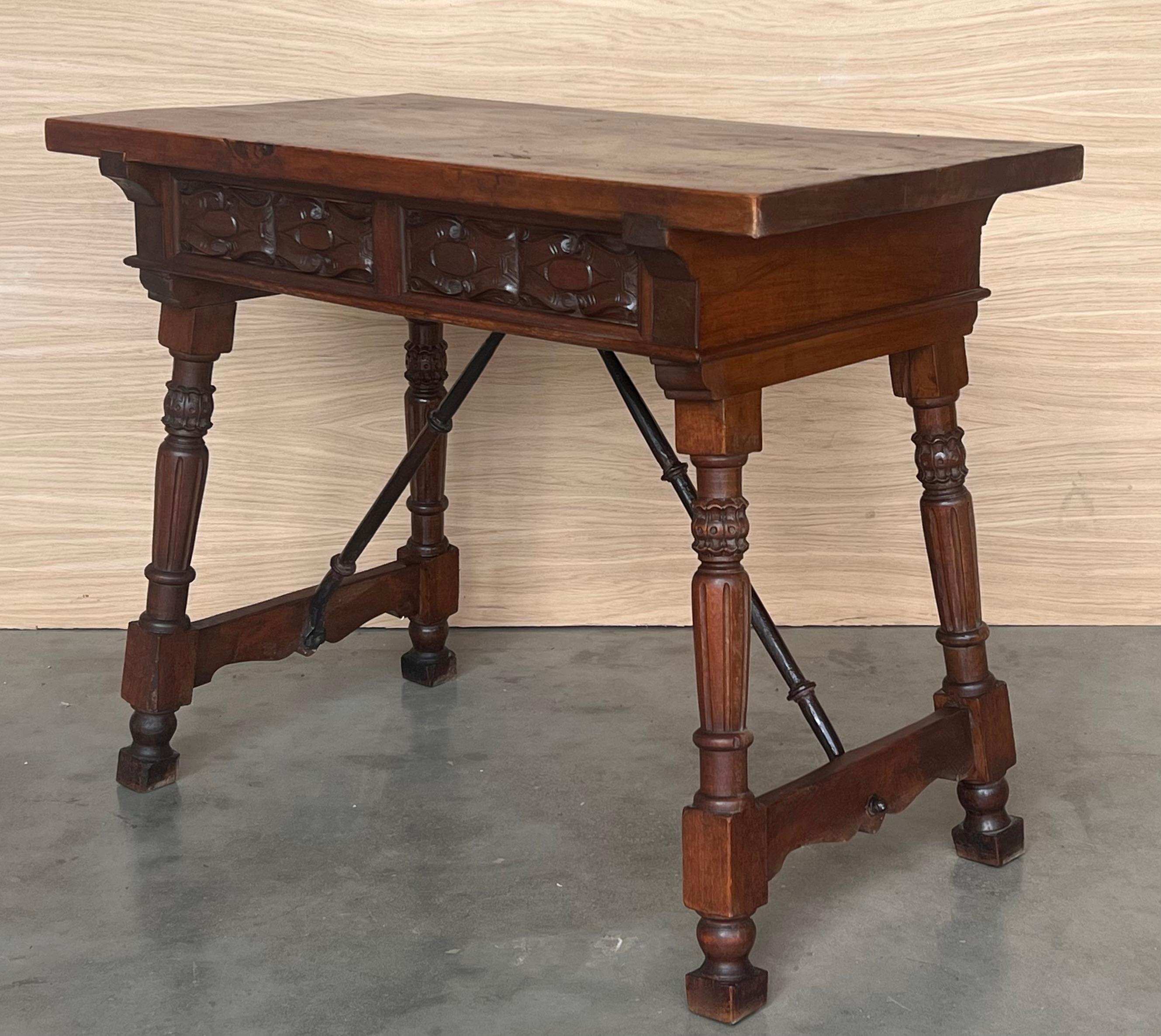 Spanish Console or Side Table with Two Carved sides and Iron Stretcher For Sale 2