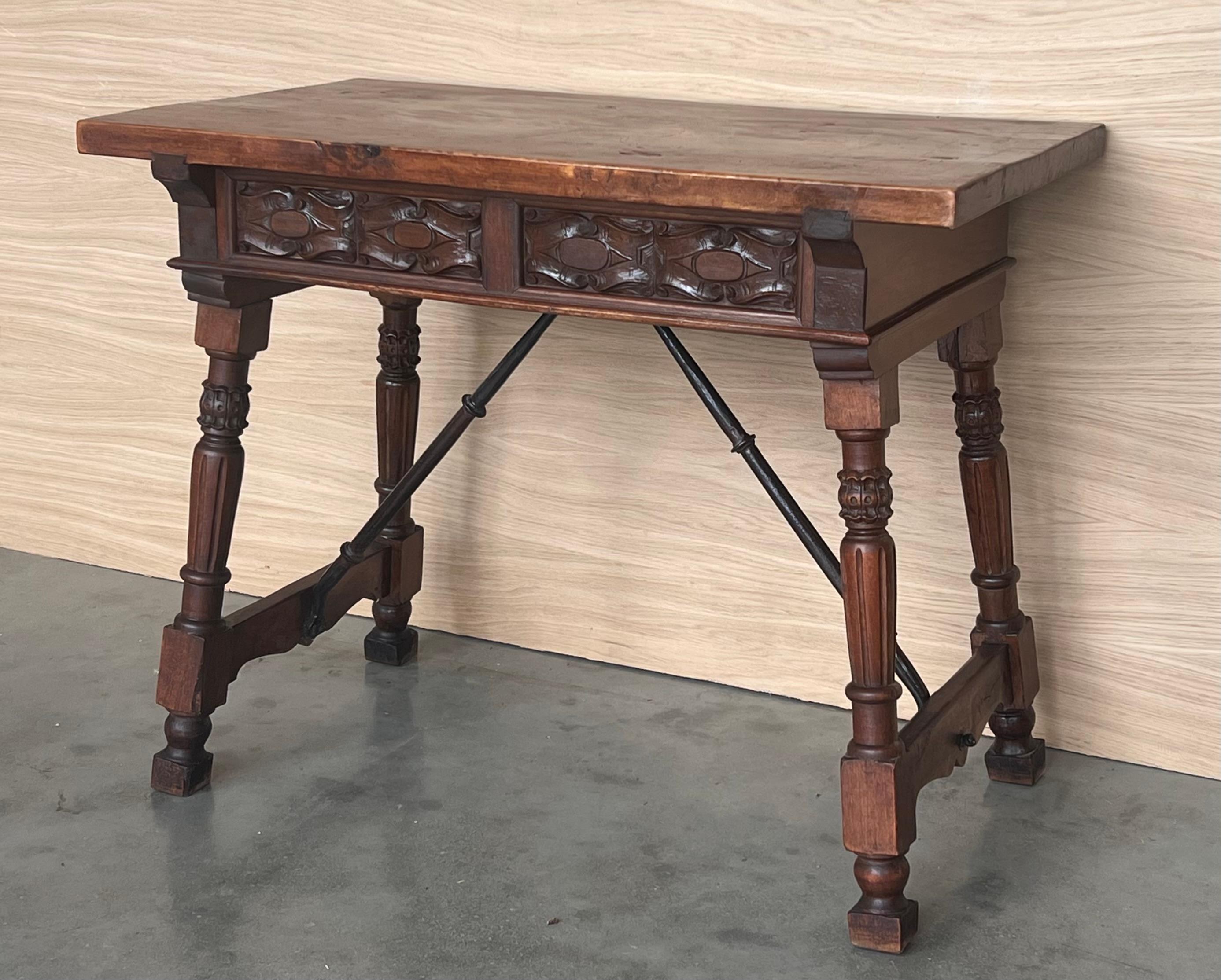 Spanish Console or Side Table with Two Carved sides and Iron Stretcher For Sale 3
