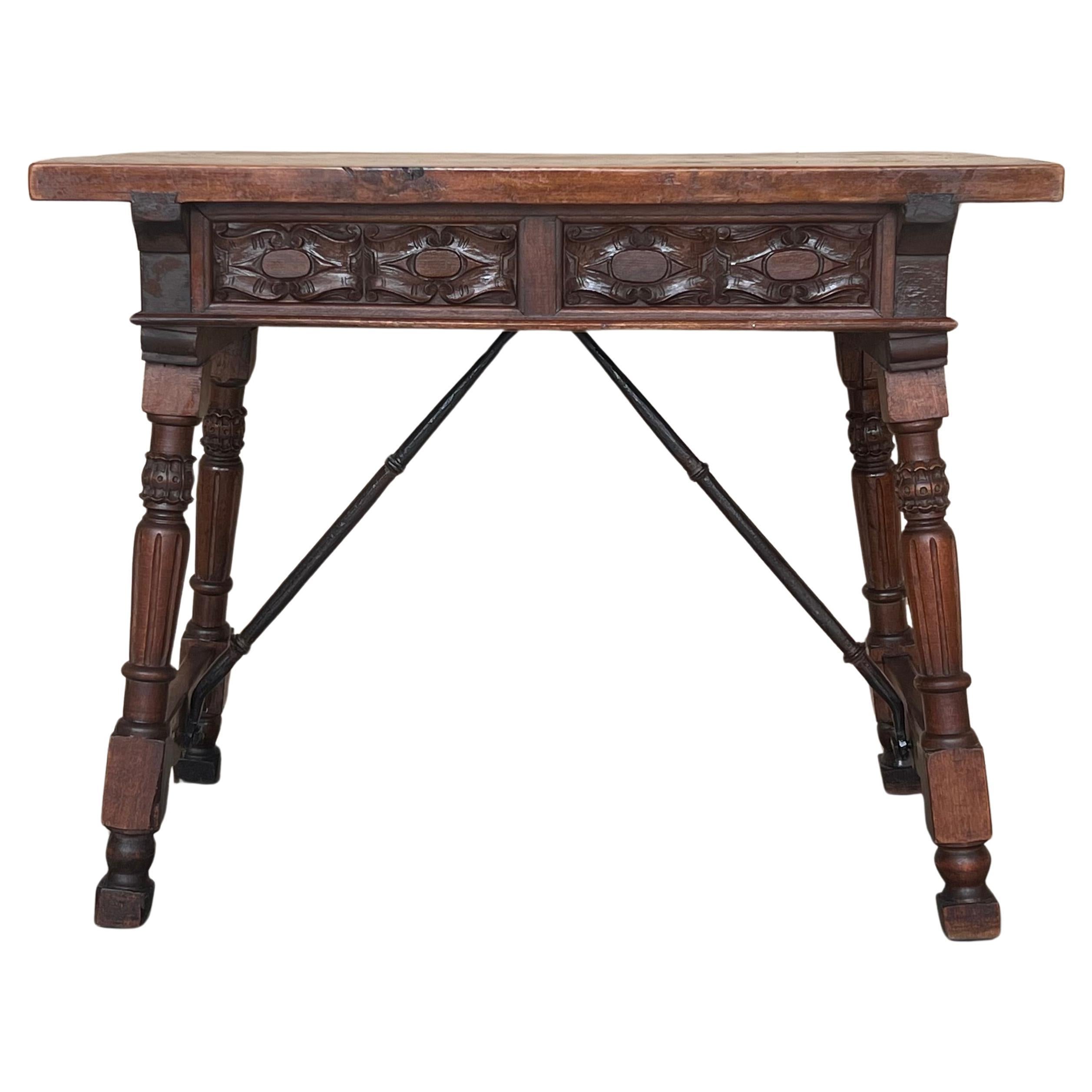 Spanish Console or Side Table with Two Carved sides and Iron Stretcher